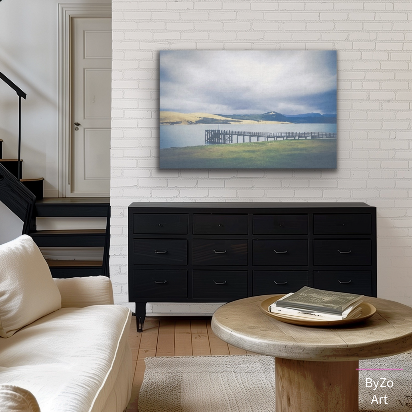 Wrapped Canvas, "Pier Meets the Sand Dune and Mountains" New Zealand Coast teelaunch By:Zo