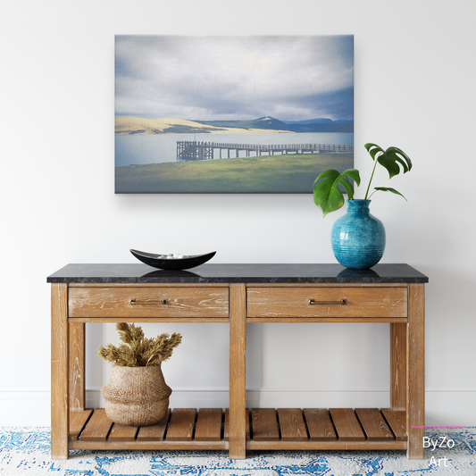 Wrapped Canvas, "Pier Meets the Sand Dune and Mountains" New Zealand Coast teelaunch