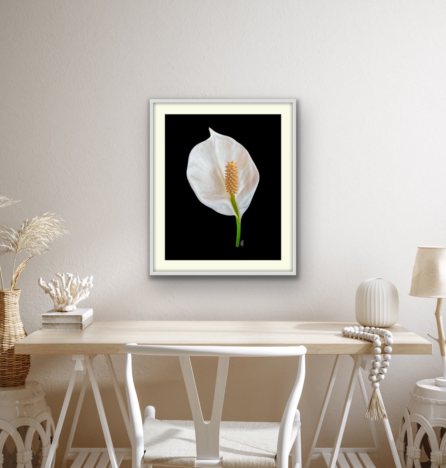 Peace Lily on Blackground Giclee Art Print Original Photography by: Maria Desnoyers at ByZo Art. Print Only Frame not included. Room Mockup. Art on desk wall.