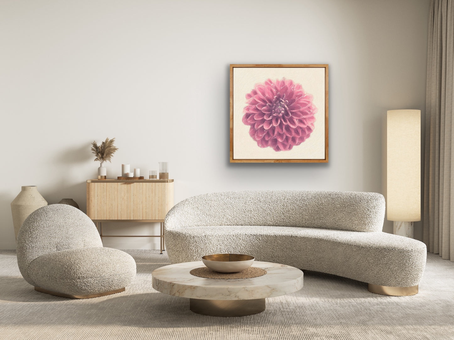 Japanese Dahlia Giclee Art Print Original Photography by Maria Desnoyers of ByZo Art , room mockup for visual presentation. Wall art for your home, office or studio.