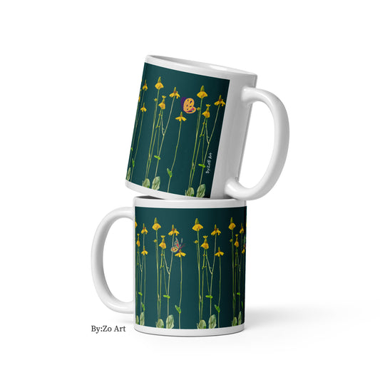 "Daisies and Butterflies" on Green Background Ceramic Mug - By:Zo
