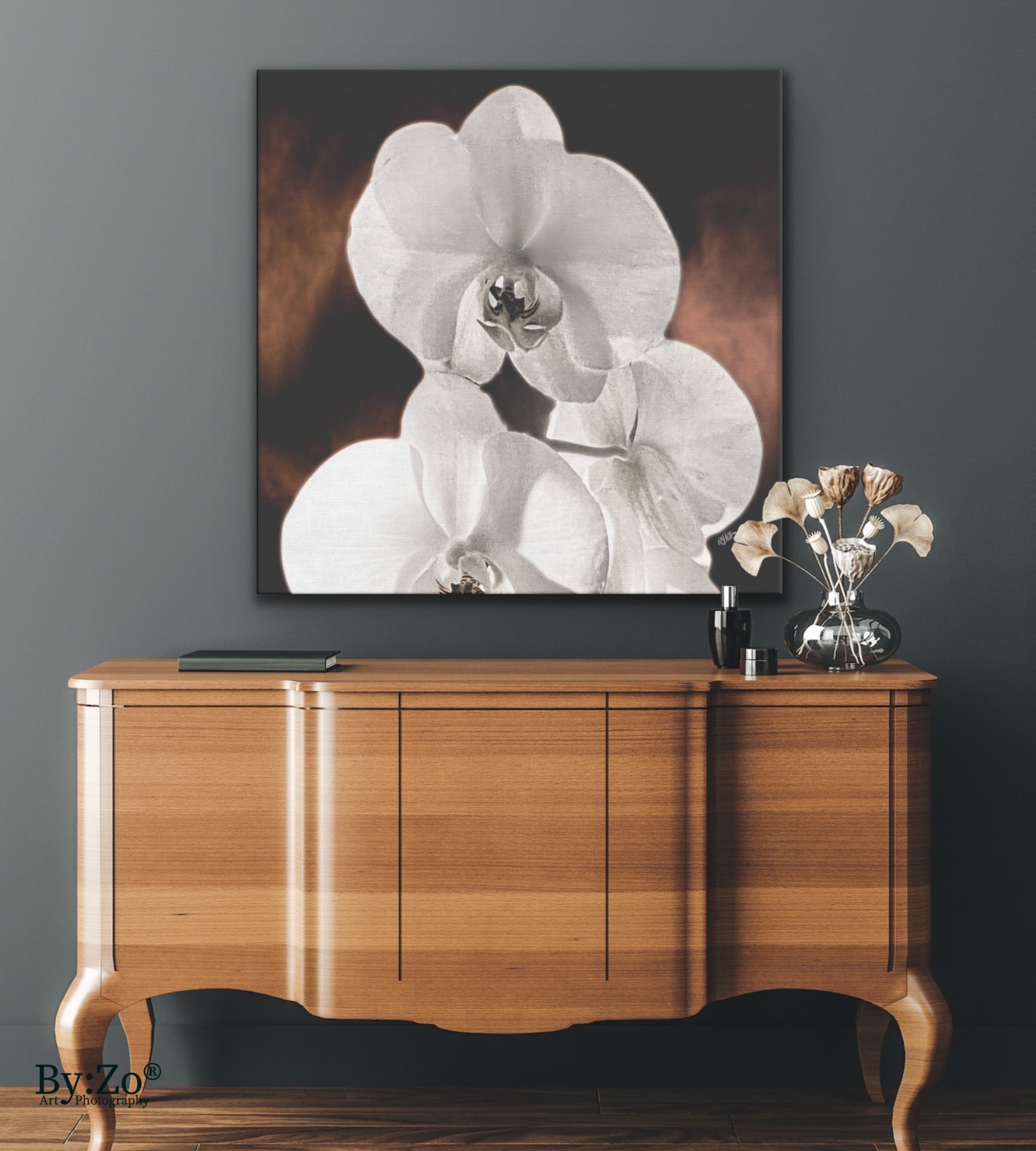 "Orchid Drama" Black Background Gold Splashed - By:Zo