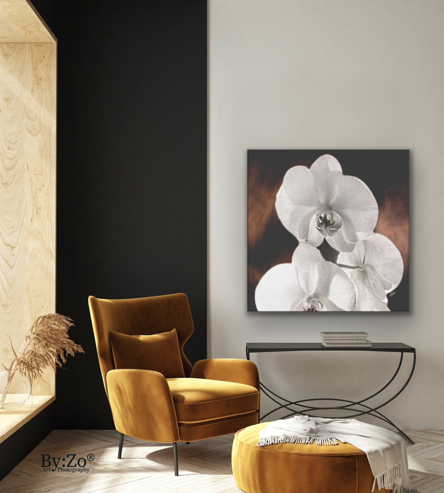 "Orchid Drama" Black Background Gold Splashed - By:Zo