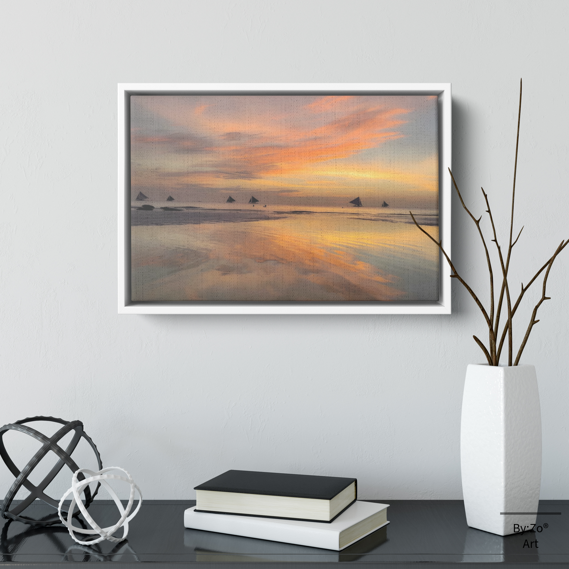 Sunset Sails: Boracay's Golden Hour Magic, Fine Art Photography Framed Canvas teelaunch By:Zo®