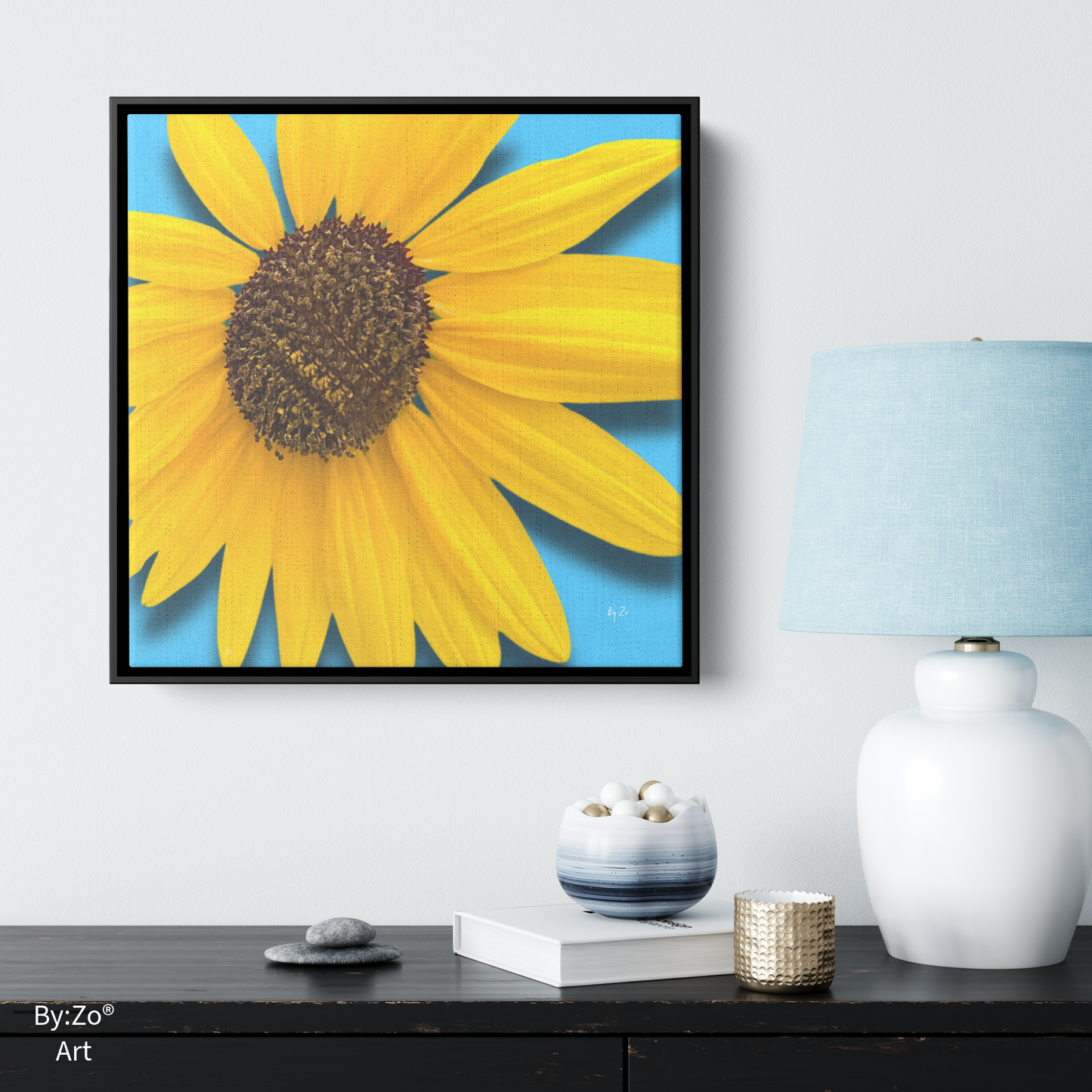 Square Framed Canvas - Sunflower Close-Up on Blue Original ByZo Art teelaunch