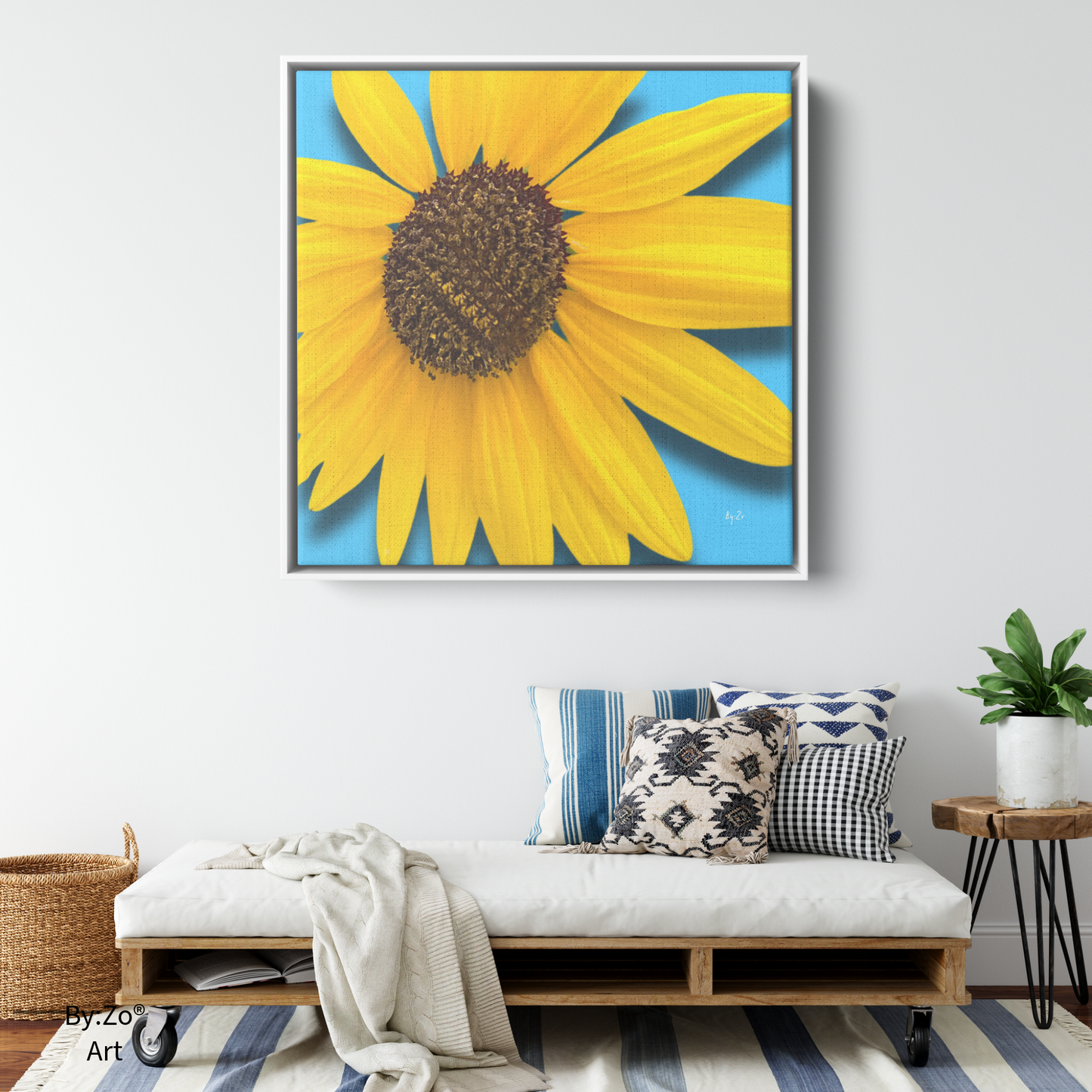 Square Framed Canvas - Sunflower Close-Up on Blue Original ByZo Art teelaunch