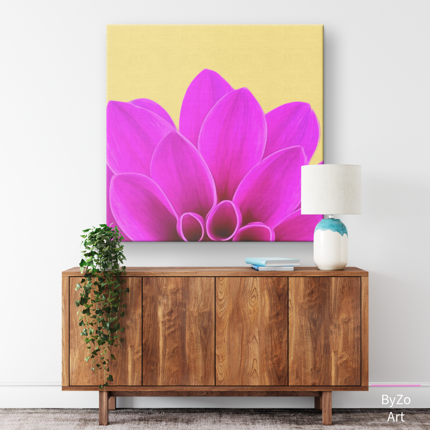 Wrapped Canvas "Vibrant Pink Dahlia on Yellow" ByZo Art Photography teelaunch