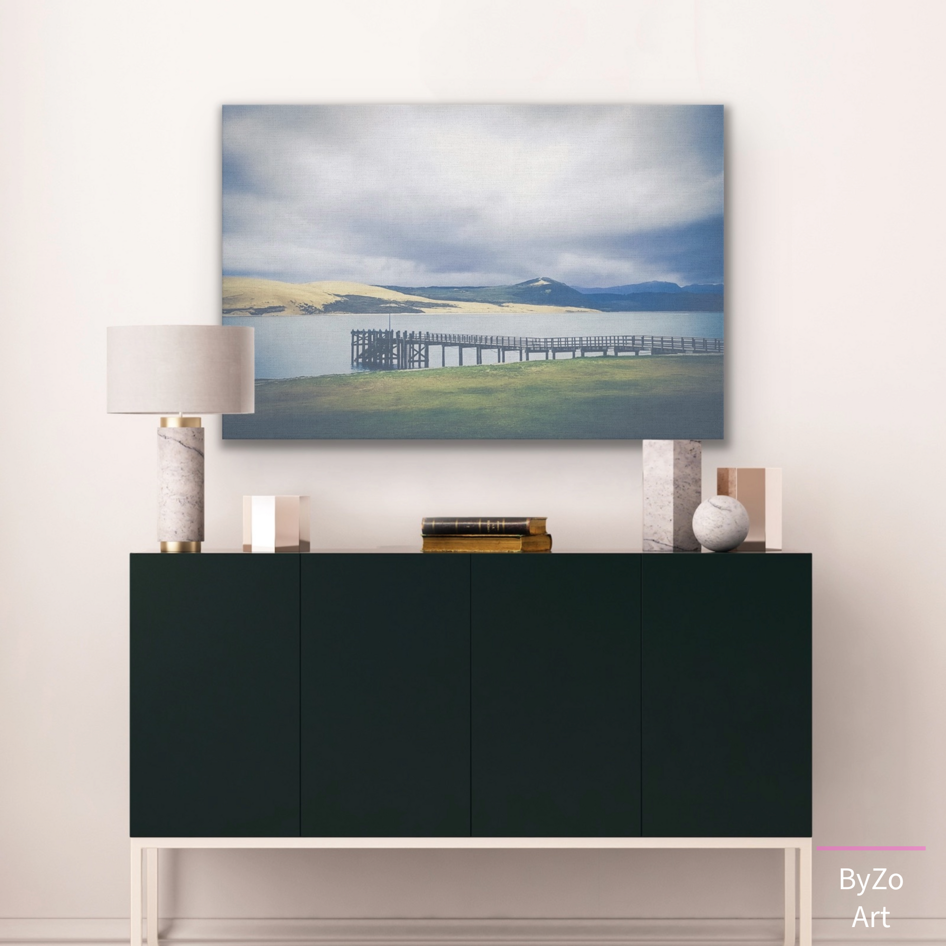 Wrapped Canvas, "Pier Meets the Sand Dune and Mountains" New Zealand Coast teelaunch