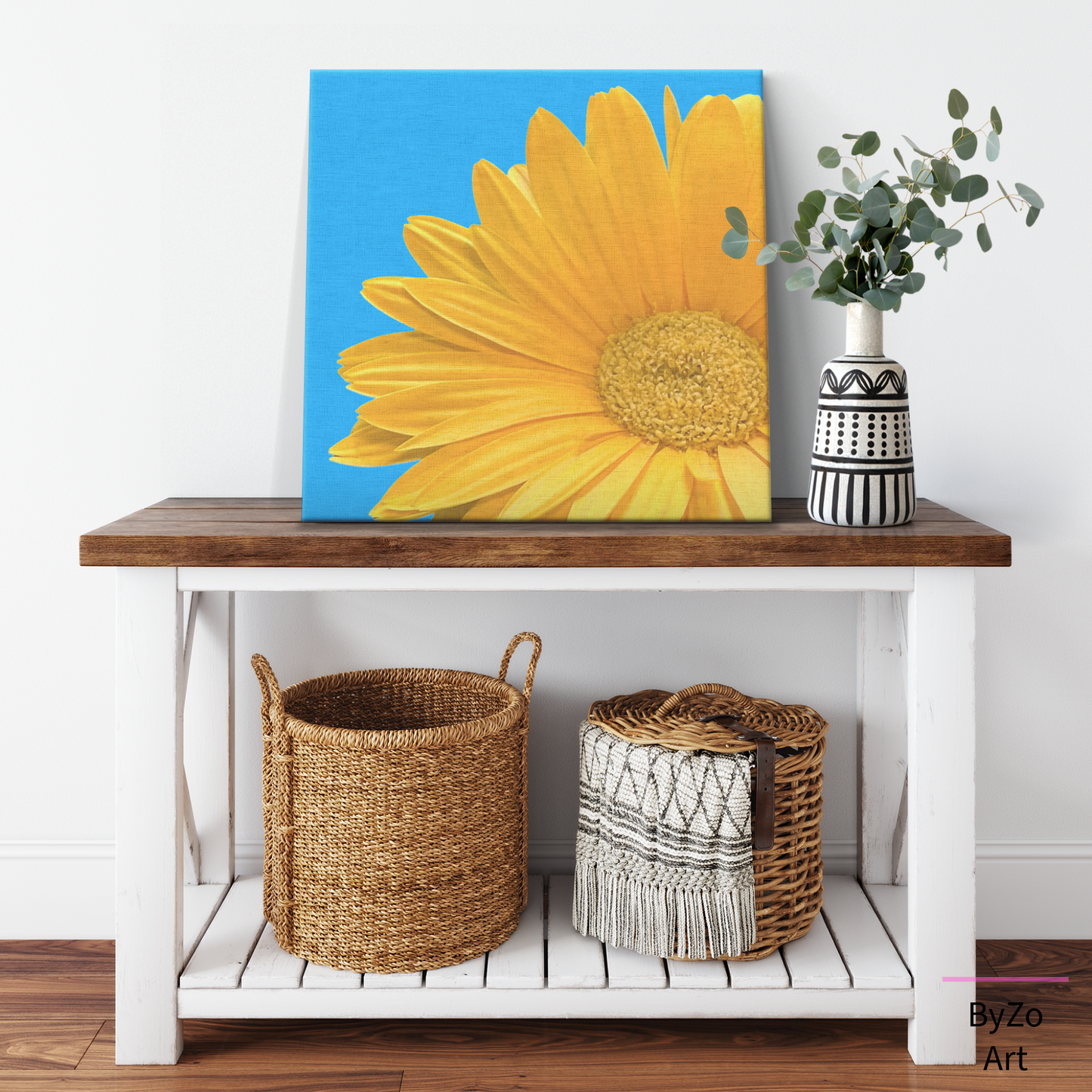 Vibrant Daisy on Blue - Wrapped Canvas by ByZo Art Photography teelaunch
