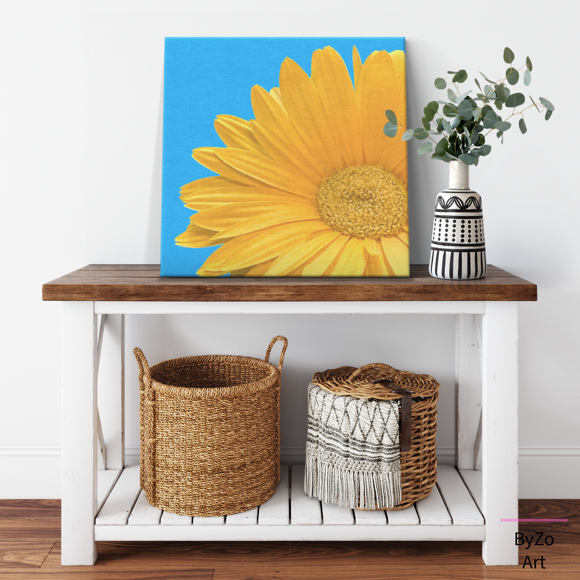 Vibrant Daisy on Blue - Wrapped Canvas by ByZo Art Photography teelaunch