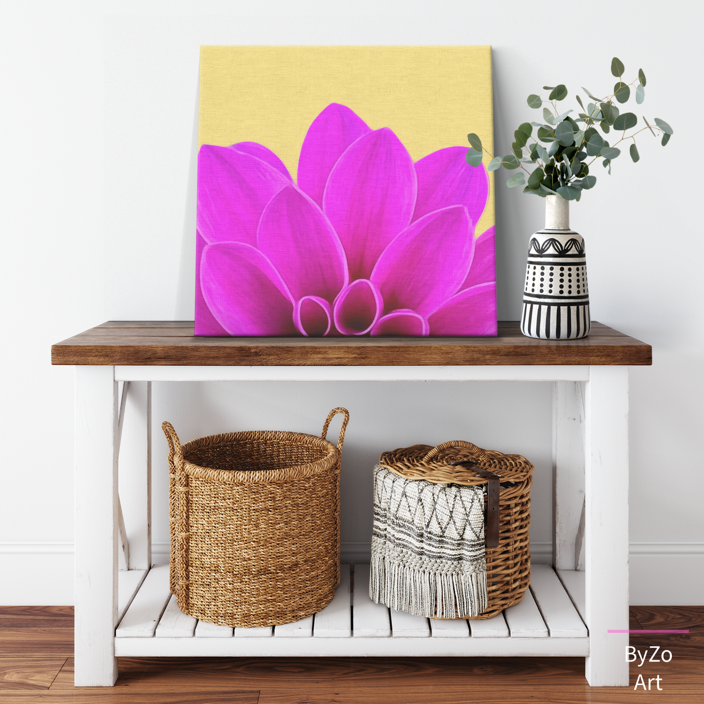Wrapped Canvas "Vibrant Pink Dahlia on Yellow" ByZo Art Photography teelaunch
