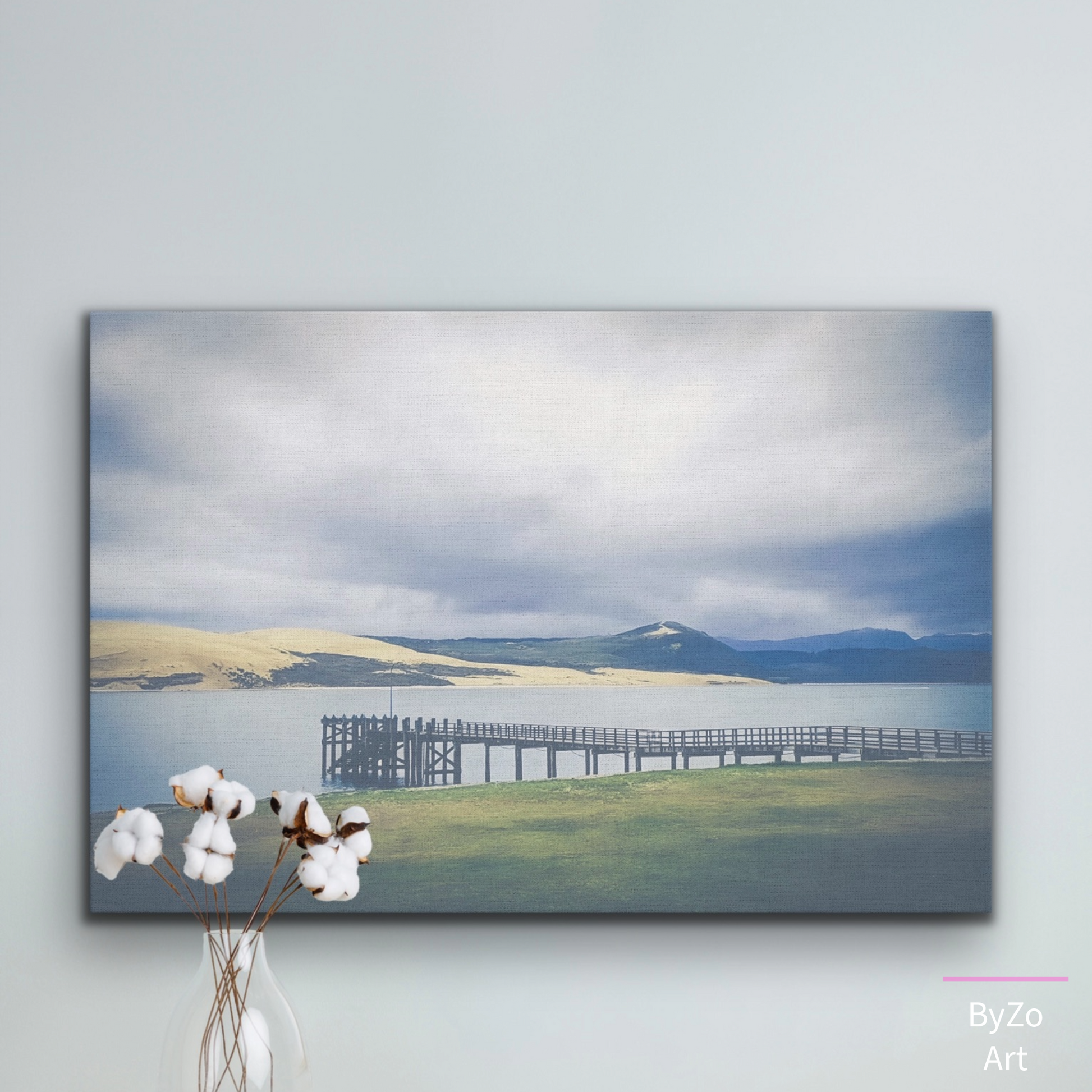 Wrapped Canvas, "Pier Meets the Sand Dune and Mountains" New Zealand Coast teelaunch