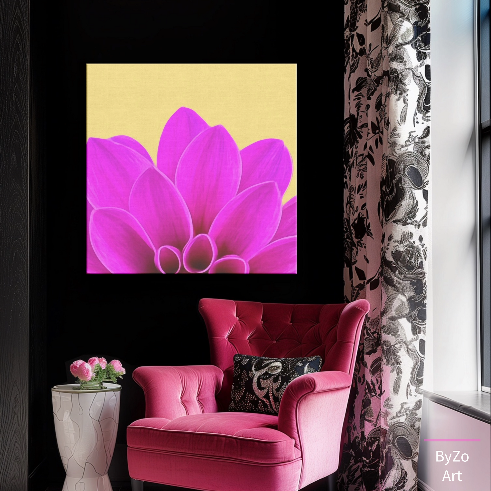 Wrapped Canvas "Vibrant Pink Dahlia on Yellow" ByZo Art Photography teelaunch