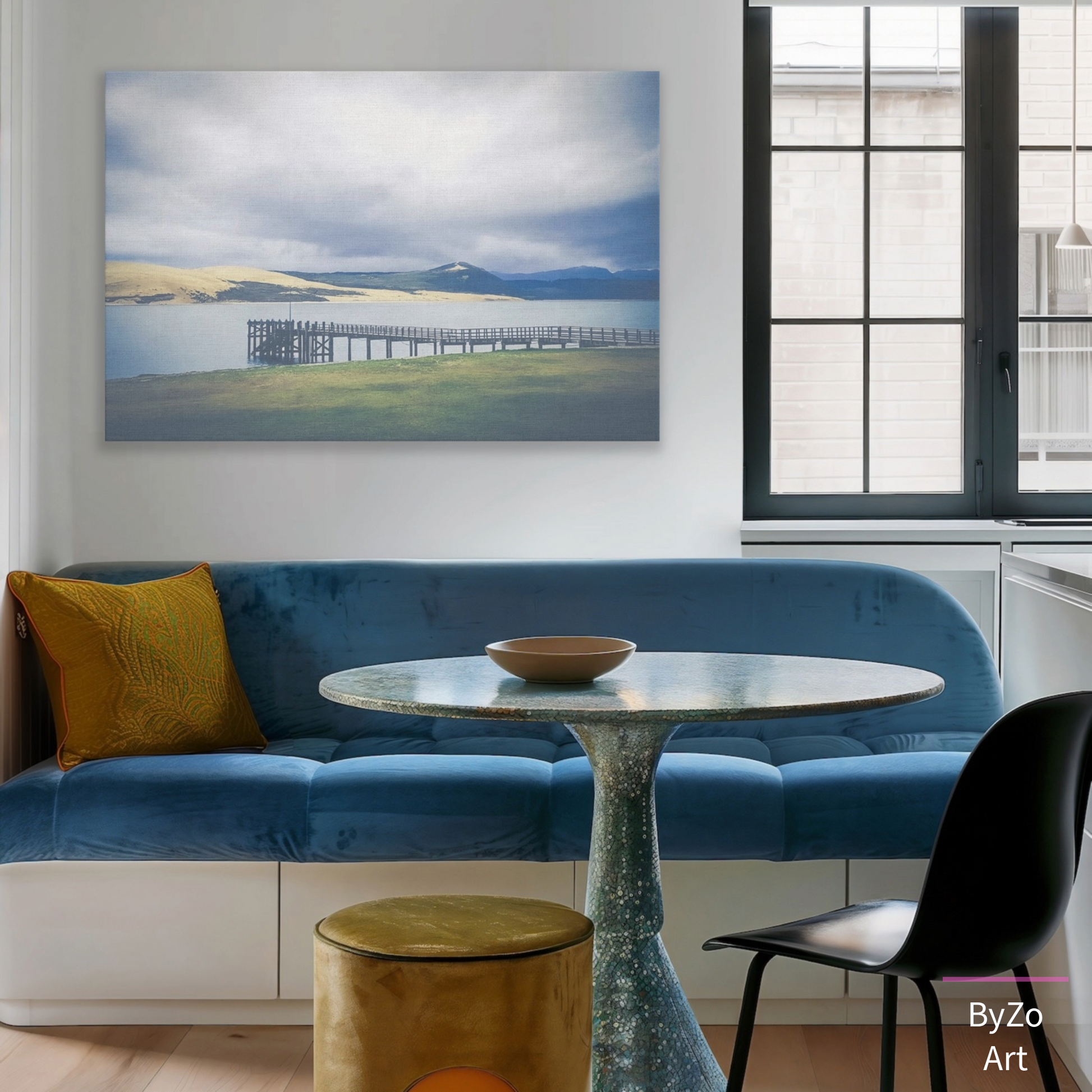 Wrapped Canvas, "Pier Meets the Sand Dune and Mountains" New Zealand Coast teelaunch