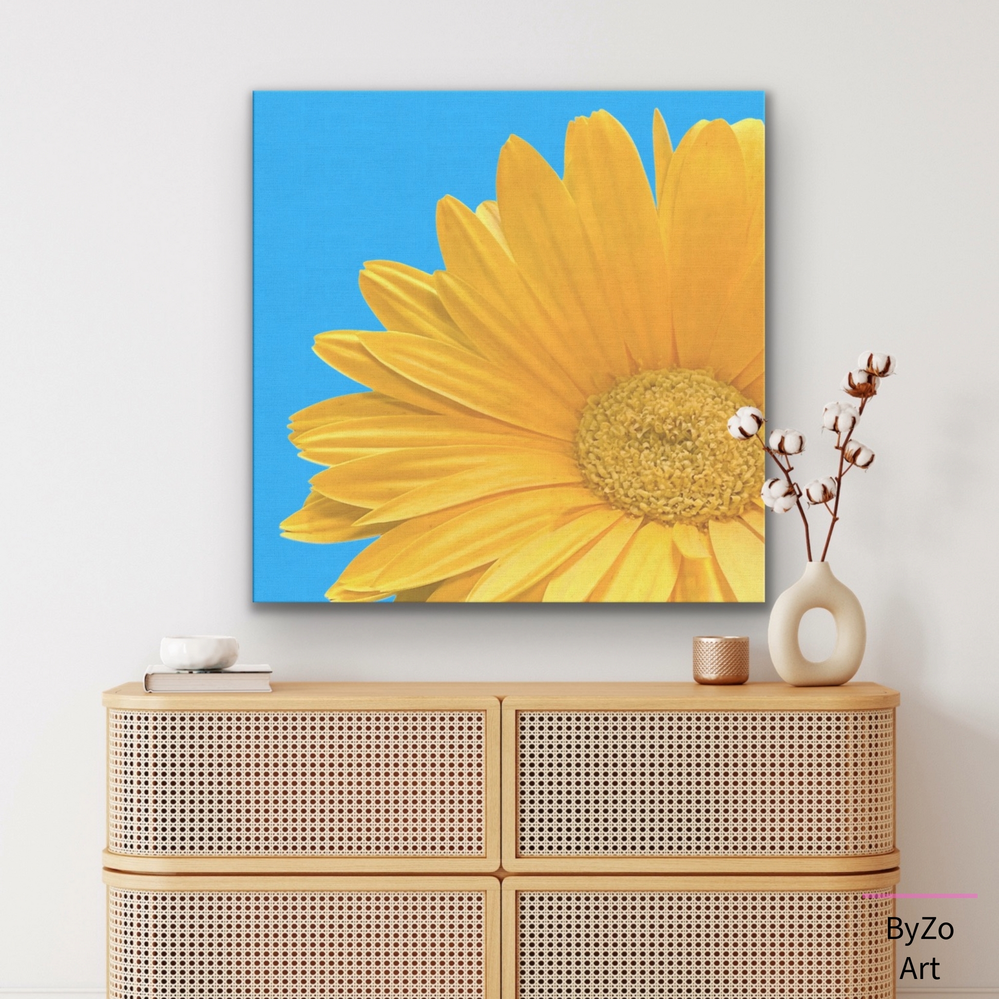 Vibrant Daisy on Blue - Wrapped Canvas by ByZo Art Photography teelaunch
