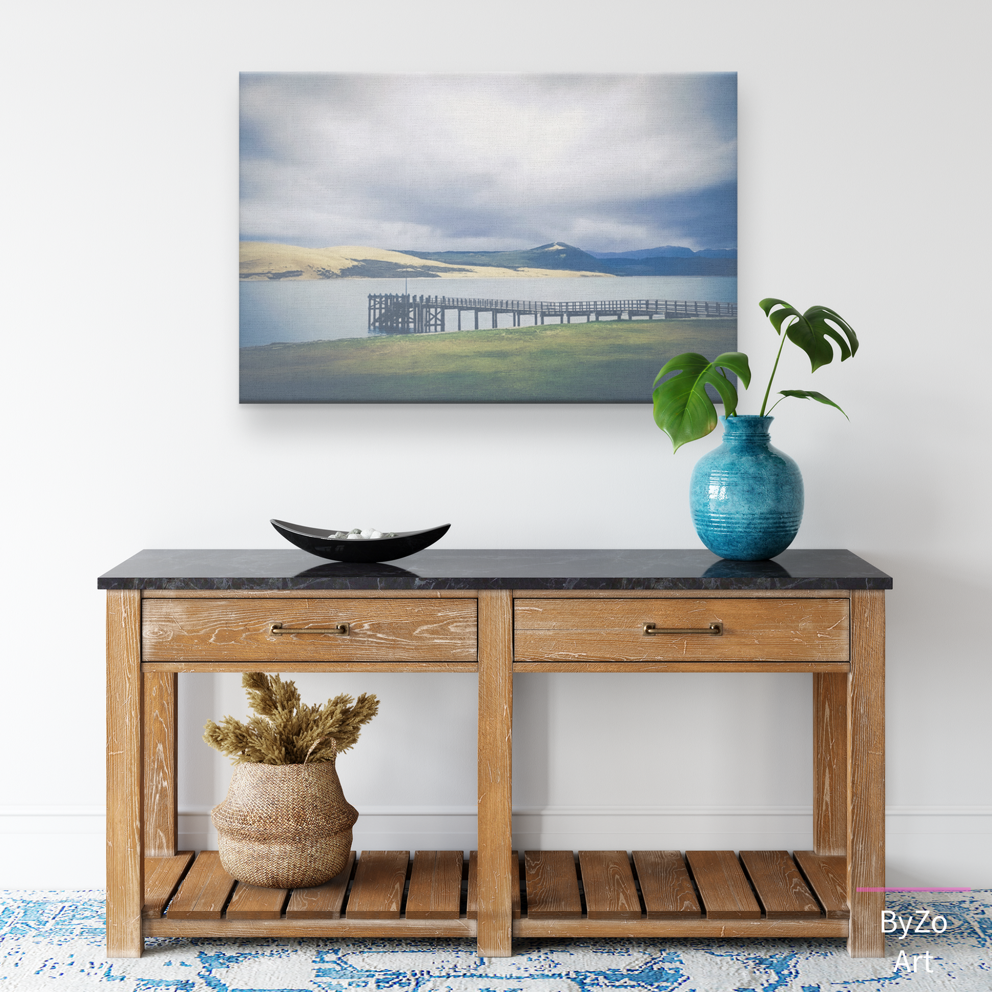 Wrapped Canvas, "Pier Meets the Sand Dune and Mountains" New Zealand Coast teelaunch
