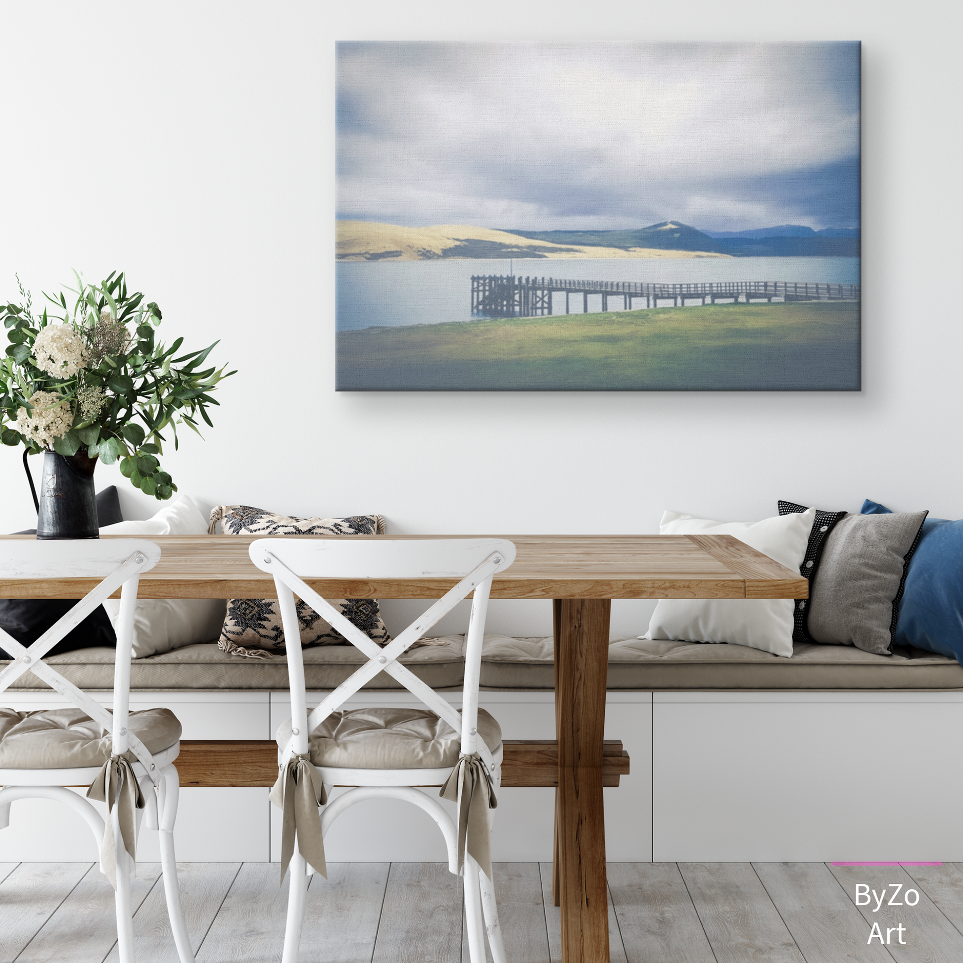 Wrapped Canvas, "Pier Meets the Sand Dune and Mountains" New Zealand Coast teelaunch