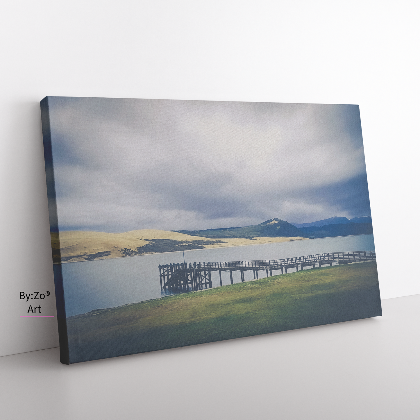 Wrapped Canvas, "Pier Meets the Sand Dune and Mountains" New Zealand Coast teelaunch