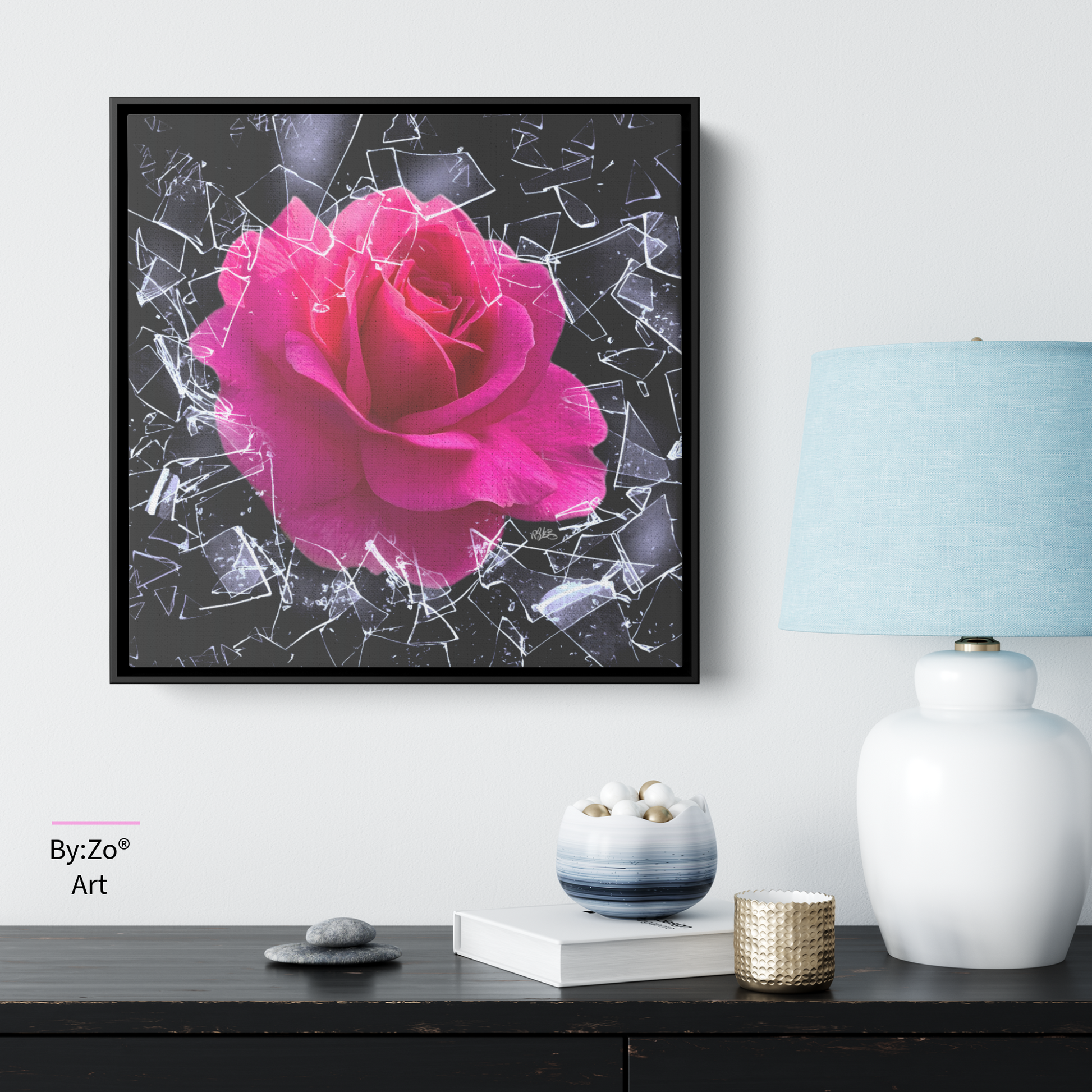Square Framed Floater Canvas, "Breaking Free You Can't Stop Me" Rose Shatters Ice Original Photography Art teelaunch By:Zo®