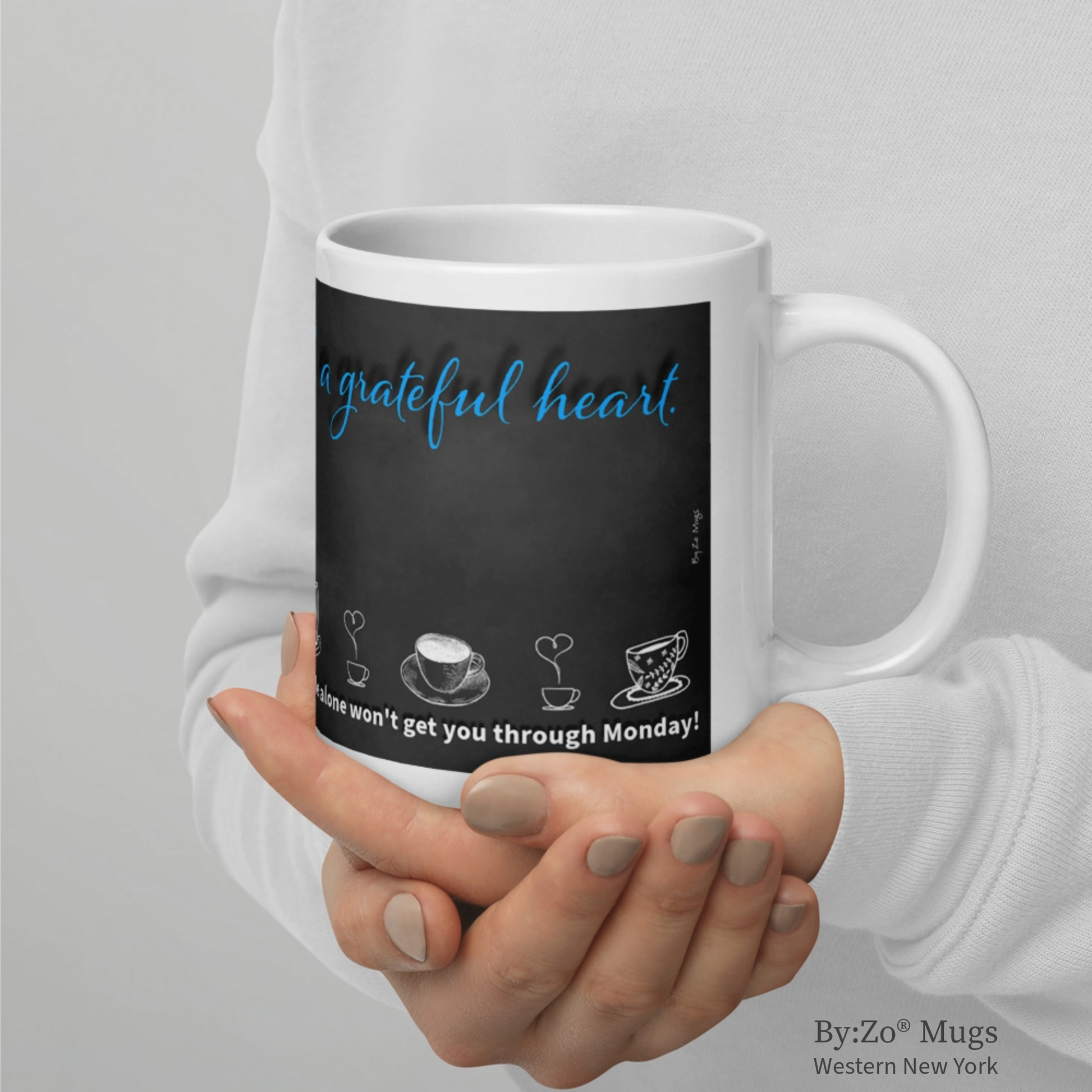 Funny Coffee Mug with Blackboard Effect - "Grateful Heart & Strong Coffee" - By:Zo
