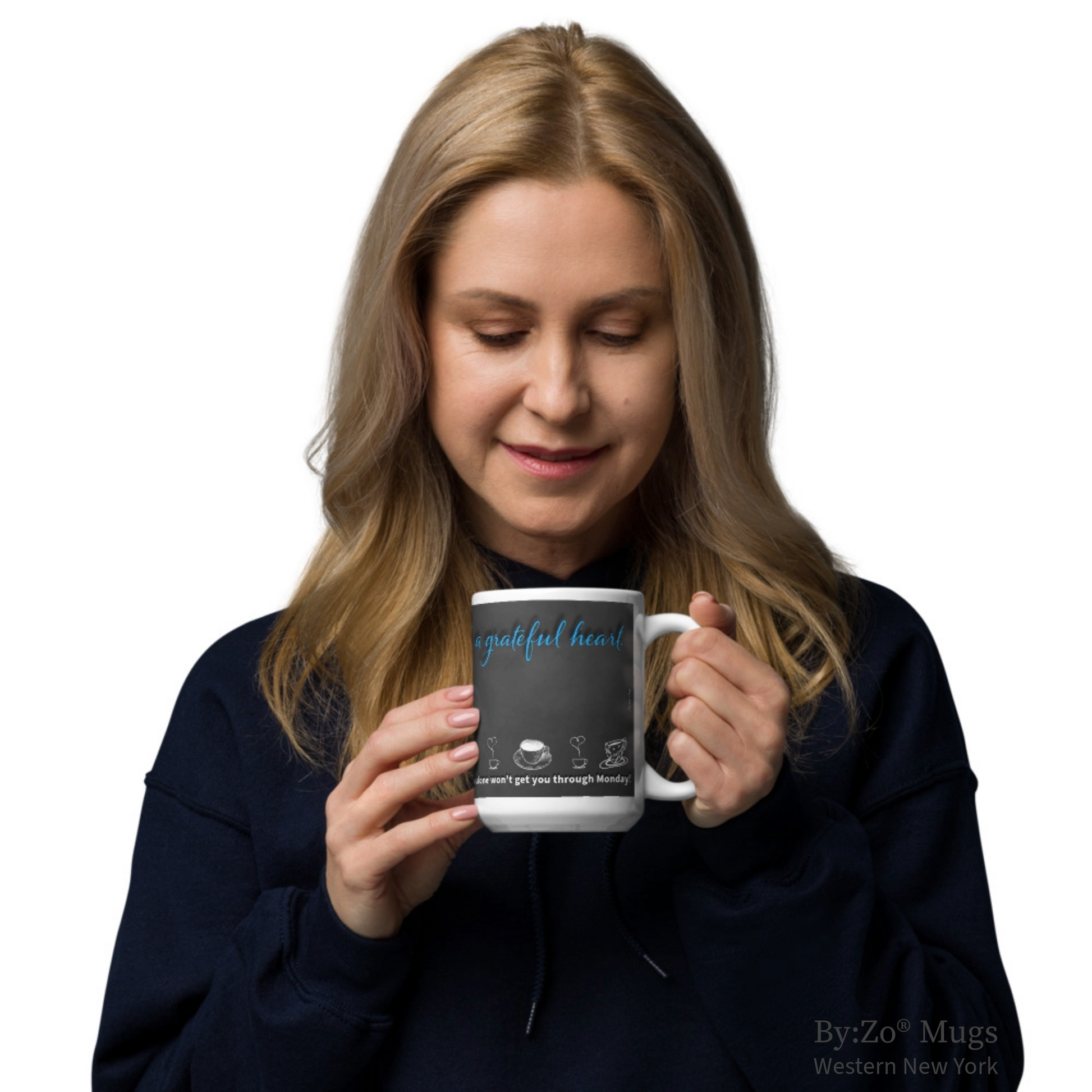 Funny Coffee Mug with Blackboard Effect - "Grateful Heart & Strong Coffee" - By:Zo