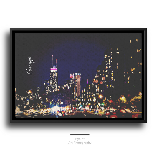 Floater Framed Canvas City Lights in Motion: Chicago's Nightscape from the Road" Original Art Photography teelaunch
