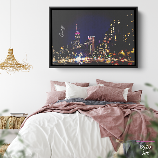 Floater Framed Canvas City Lights in Motion: Chicago's Nightscape from the Road" Original Art Photography teelaunch