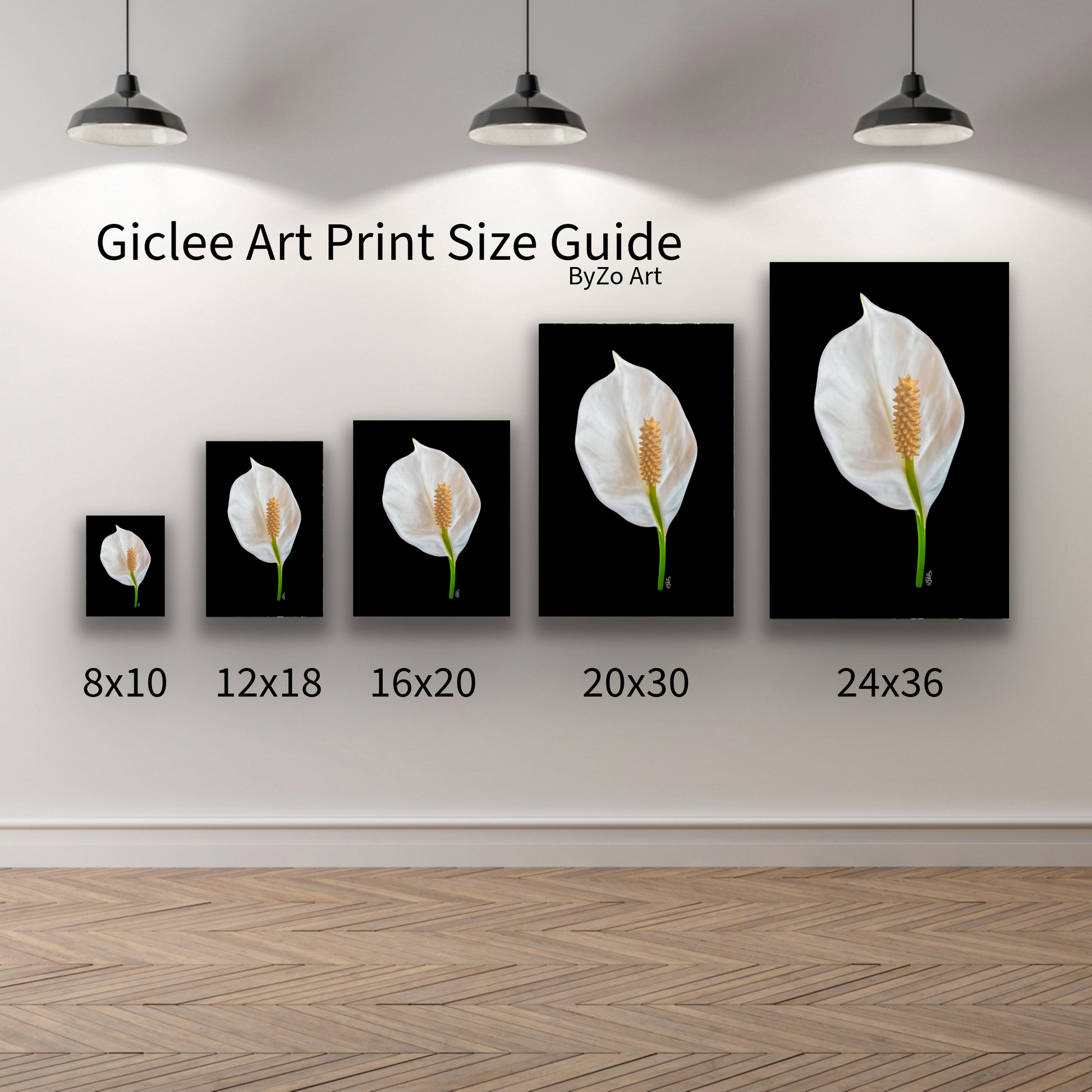 Size Guide for Giclee Art Print of a Peace Lily.  ByZo Art by Maria Desnoyers.