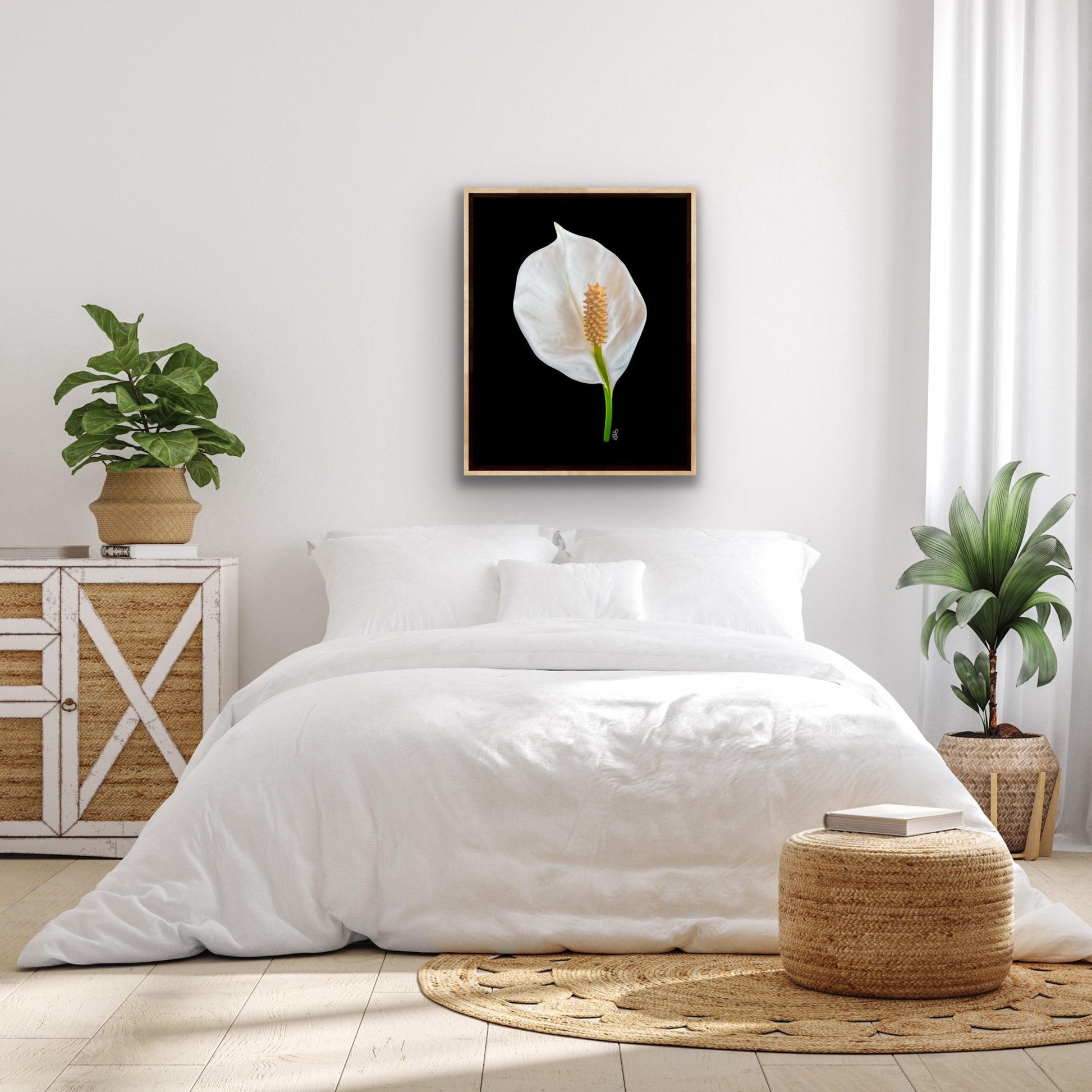 Room Mockup for Peace Lily on Blackground Giclee Art Print Original Photography by: Maria Desnoyers at ByZo Art. Print Only Frame not included.