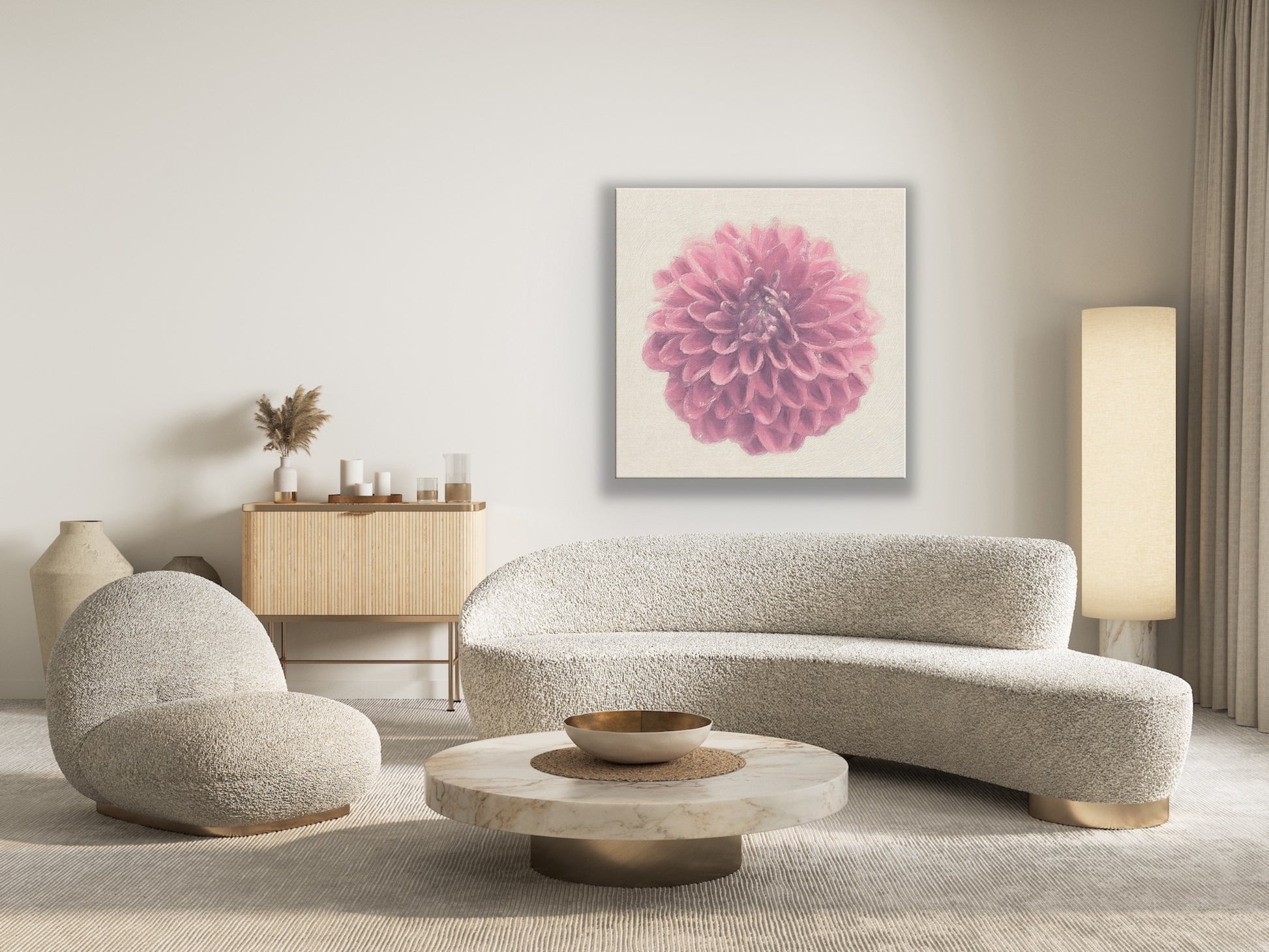 Japanese Dahlia Flower on Canvas Print, Room Mock up, Original Photography and Digital Art By Maria Desnoyers, ByZo Art. Room Mockup