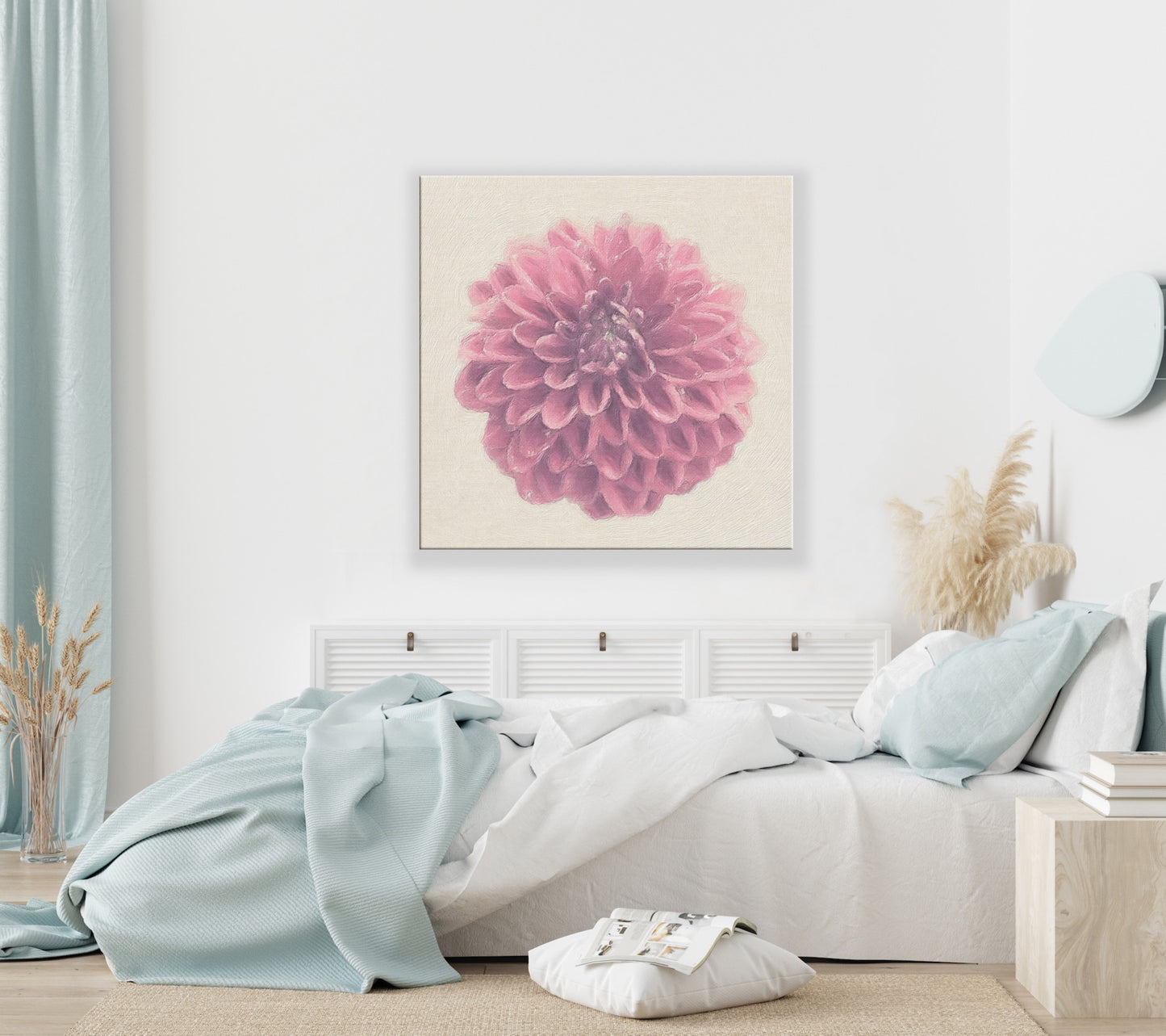 Japanese Dahlia Flower on Canvas Print, Room Mock up, Original Photography and Digital Art By Maria Desnoyers, ByZo Art. Room Mockup