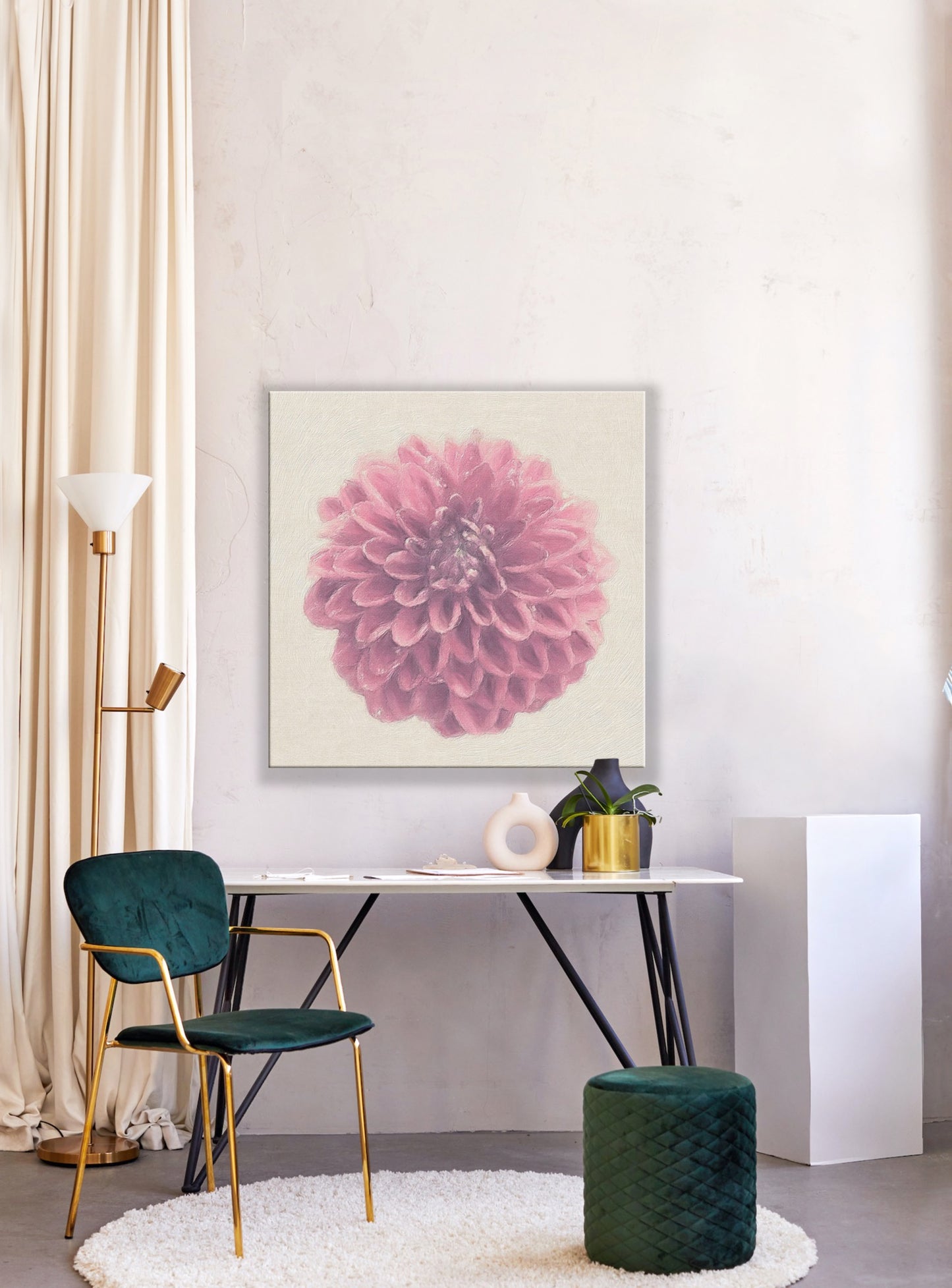 Japanese Dahlia Flower on Canvas Print, Room Mock up, Original Photography and Digital Art By Maria Desnoyers, ByZo Art. Room Mockup