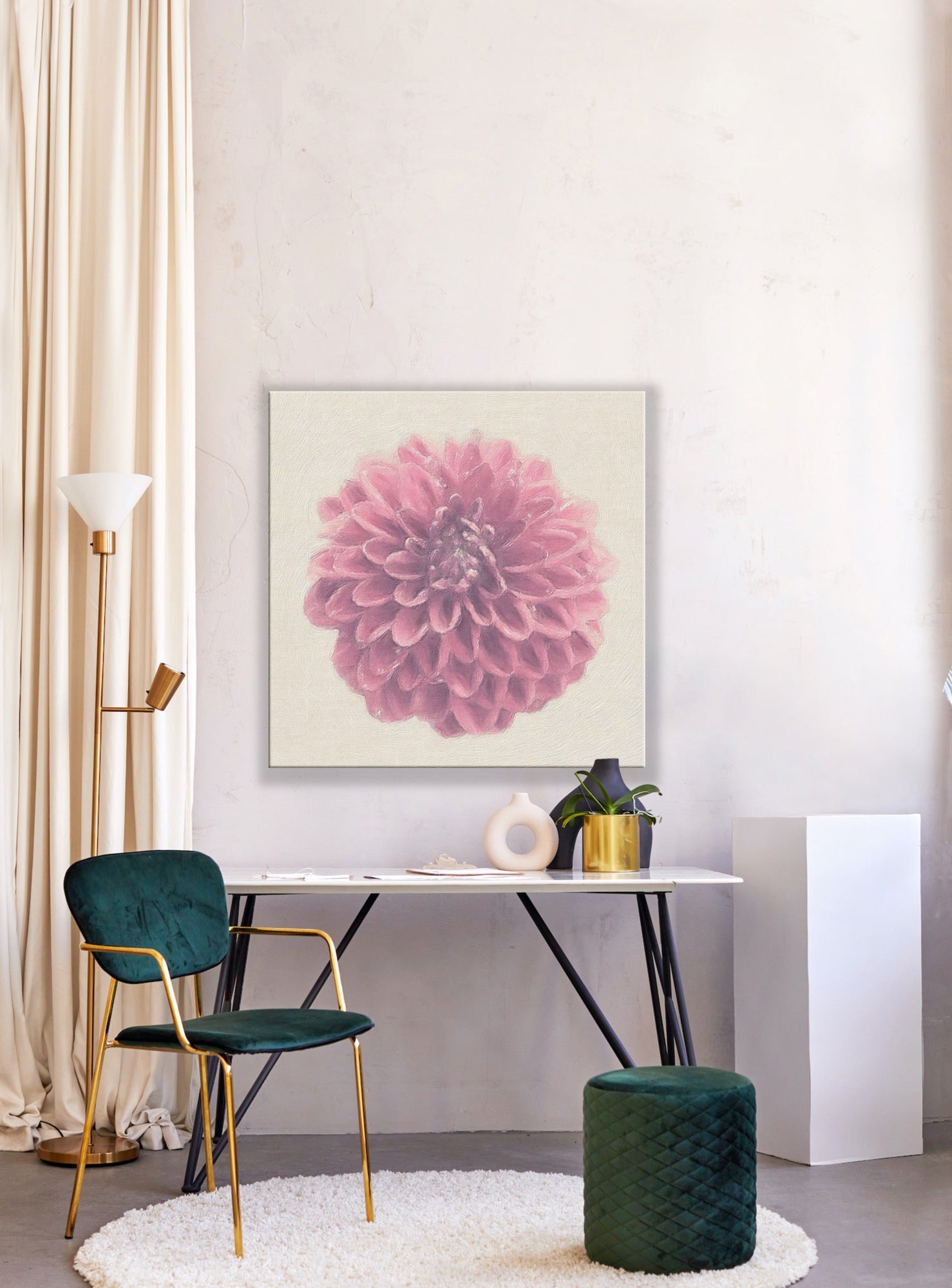 Japanese Dahlia Flower on Canvas Print, Room Mock up, Original Photography and Digital Art By Maria Desnoyers, ByZo Art. Room Mockup