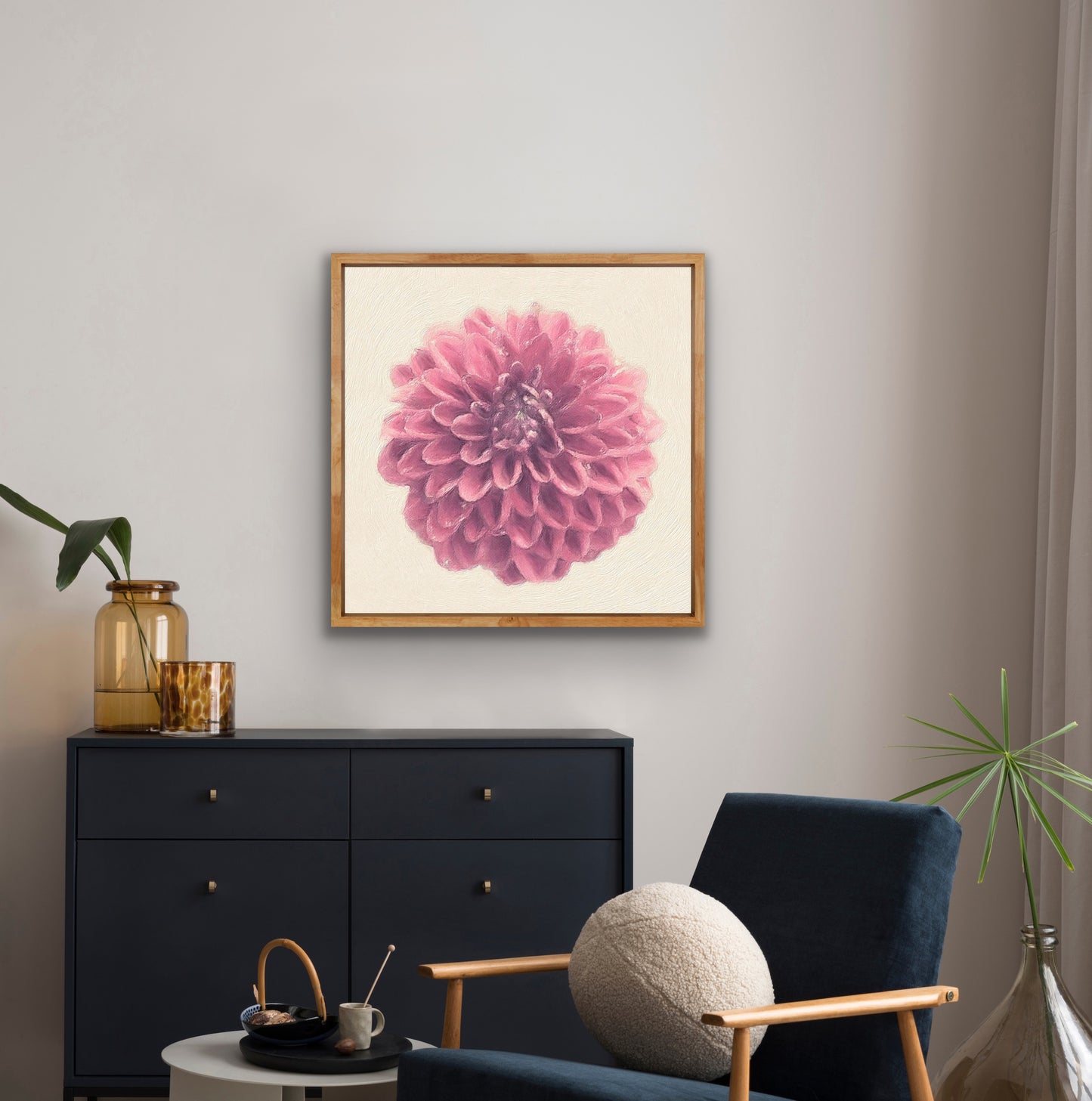 Japanese Dahlia Giclee Art Print  Original Photography by Maria Desnoyers of ByZo Art , room mockup for visual presentation. Wall art for your home, office or studio.