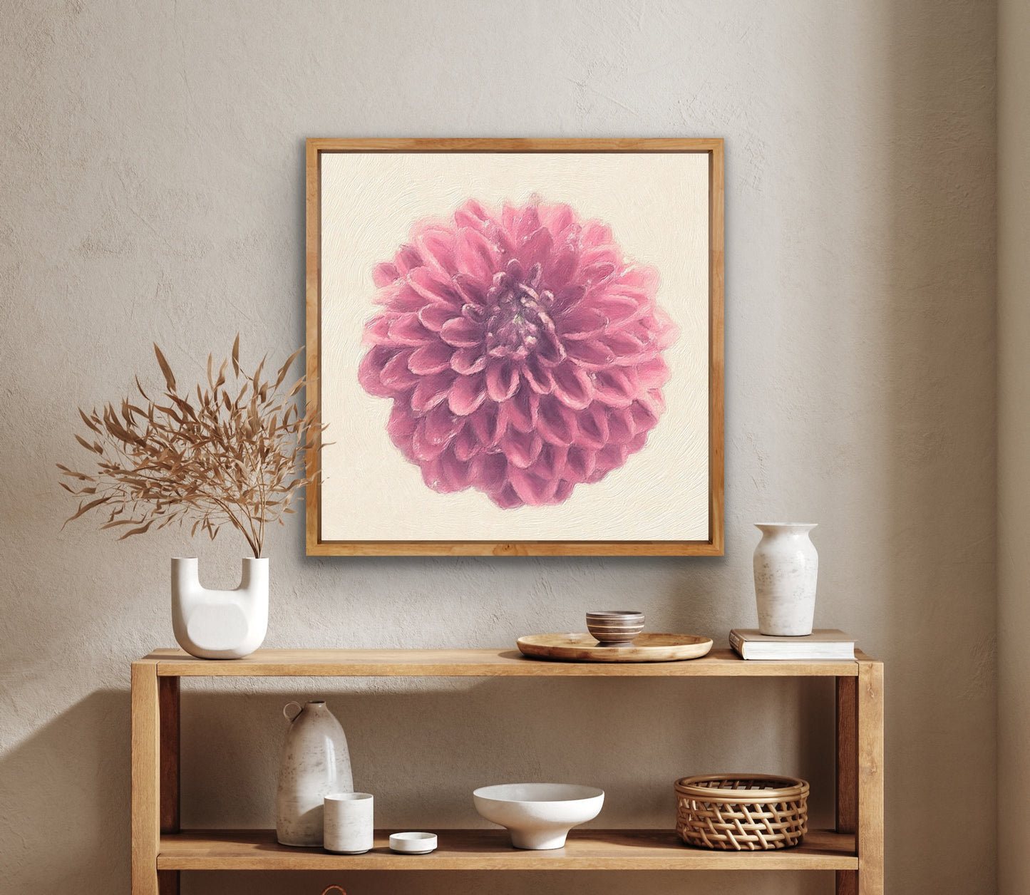 Japanese Dahlia Giclee Art Print  Original Photography by Maria Desnoyers of ByZo Art , room mockup for visual presentation. Wall art for your home, office or studio.