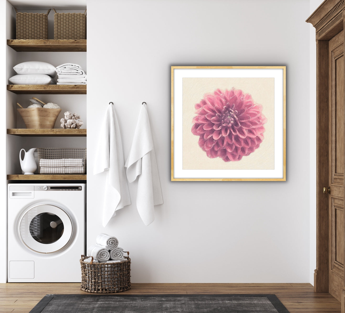 Japanese Dahlia Giclee Art Print  Original Photography by Maria Desnoyers of ByZo Art , room mockup for visual presentation. Wall art for your home, office or studio.