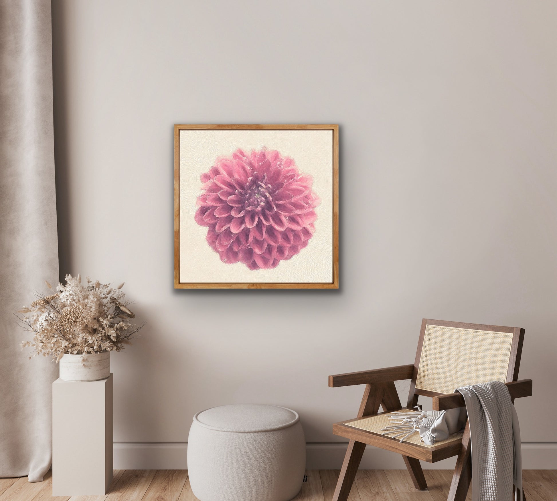 Japanese Dahlia Giclee Art Print  Original Photography by Maria Desnoyers of ByZo Art , room mockup for visual presentation. Wall art for your home, office or studio.