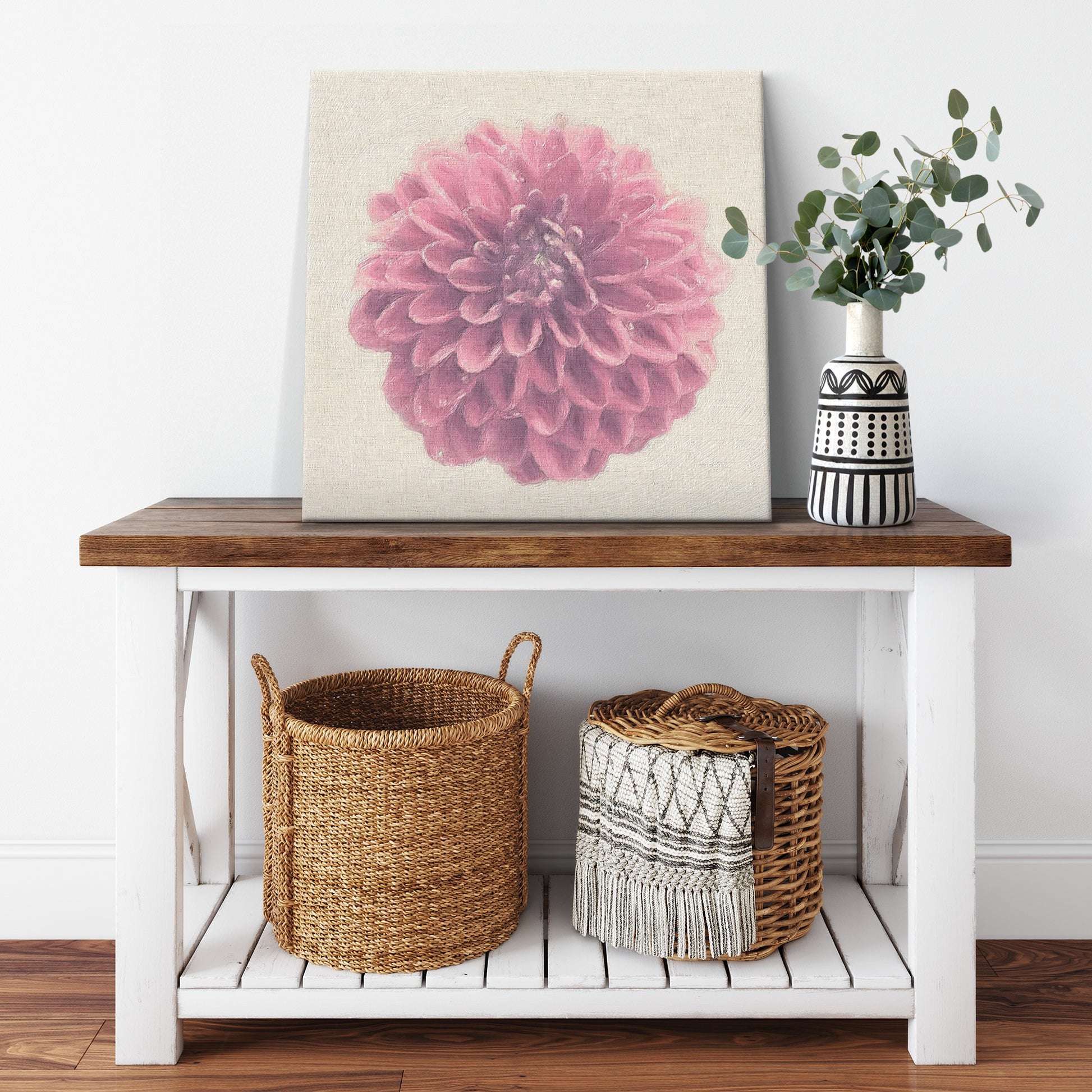 Japanese Dahlia Flower on Canvas Print, Room Mock up, Original Photography and Digital Art By Maria Desnoyers, ByZo Art.