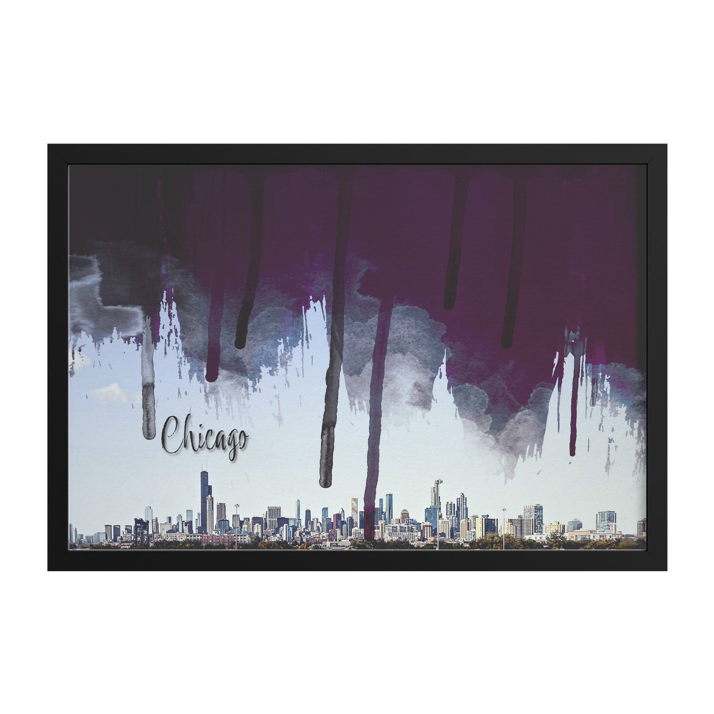 Framed Archival Semi Gloss Paper / Original Chicago City Skyline with Digital Brushstrokes teelaunch