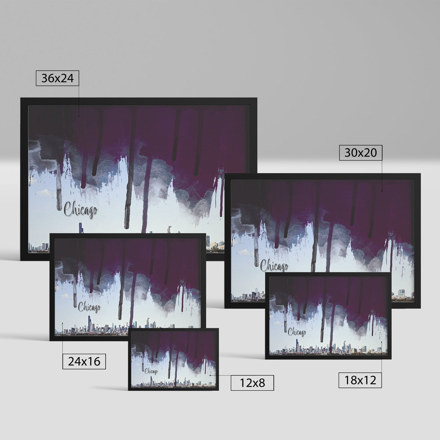 Framed Archival Semi Gloss Paper / Original Chicago City Skyline with Digital Brushstrokes teelaunch