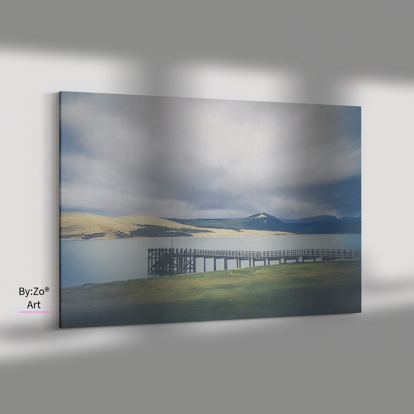 Wrapped Canvas, "Pier Meets the Sand Dune and Mountains" New Zealand Coast teelaunch