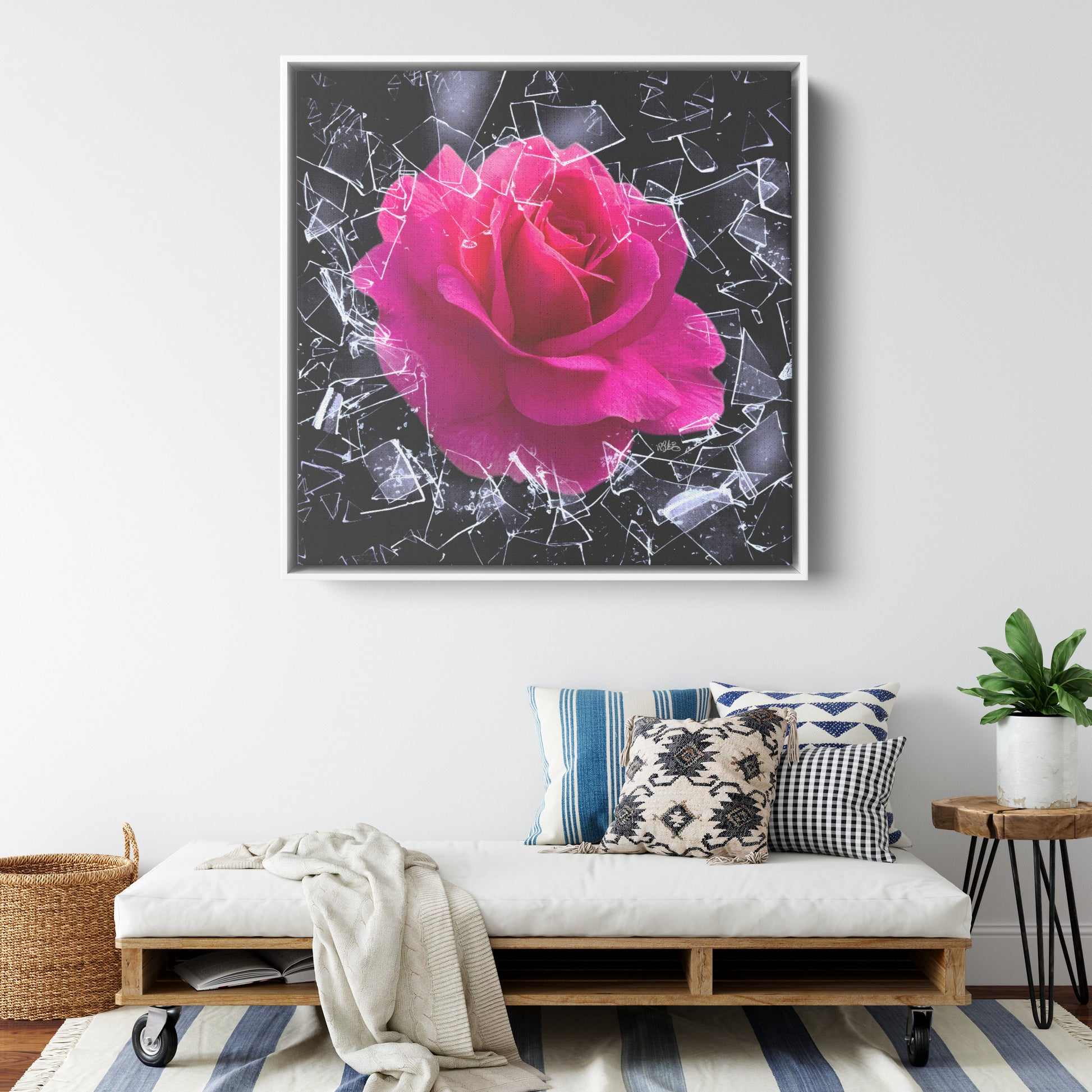 Square Framed Canvas - "You Can't Stop Me" Breaking Free Rose Shatters Ice teelaunch