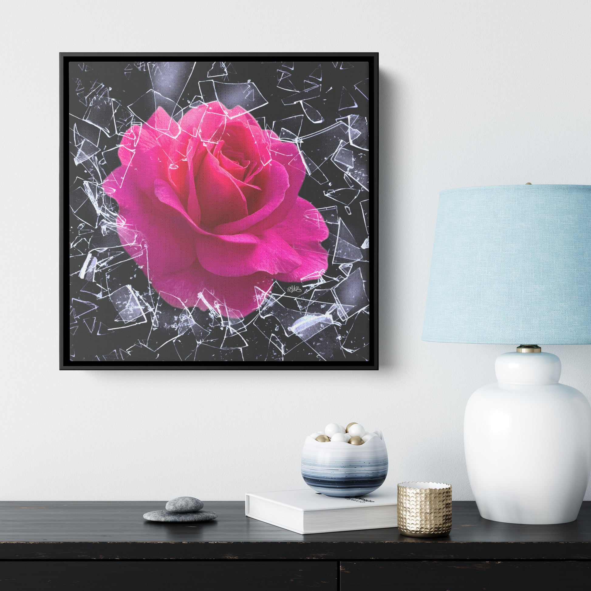 Square Framed Canvas - "You Can't Stop Me" Breaking Free Rose Shatters Ice teelaunch