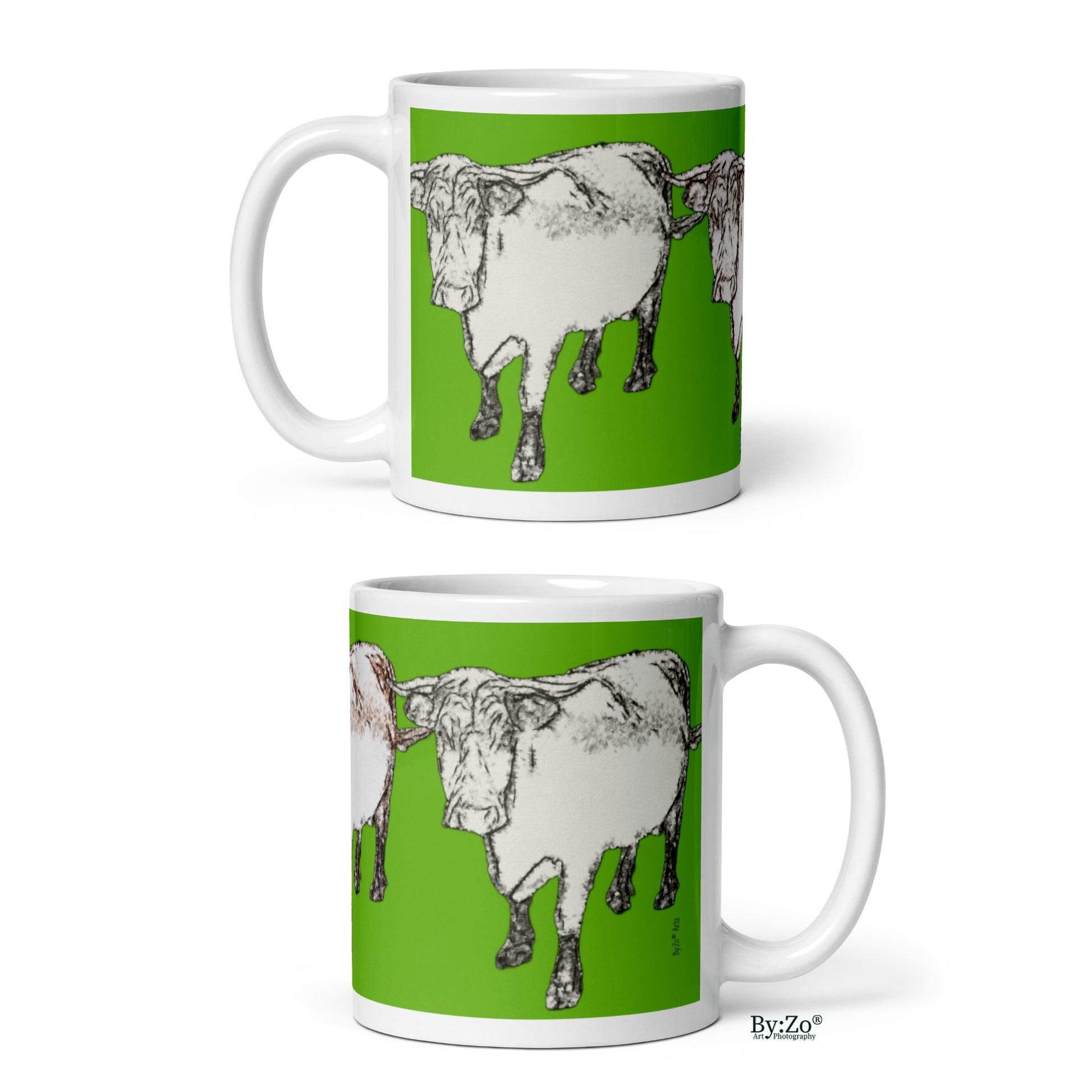 Cow Printed  Green Background White Ceramic Mug Original Photography Art - By:Zo