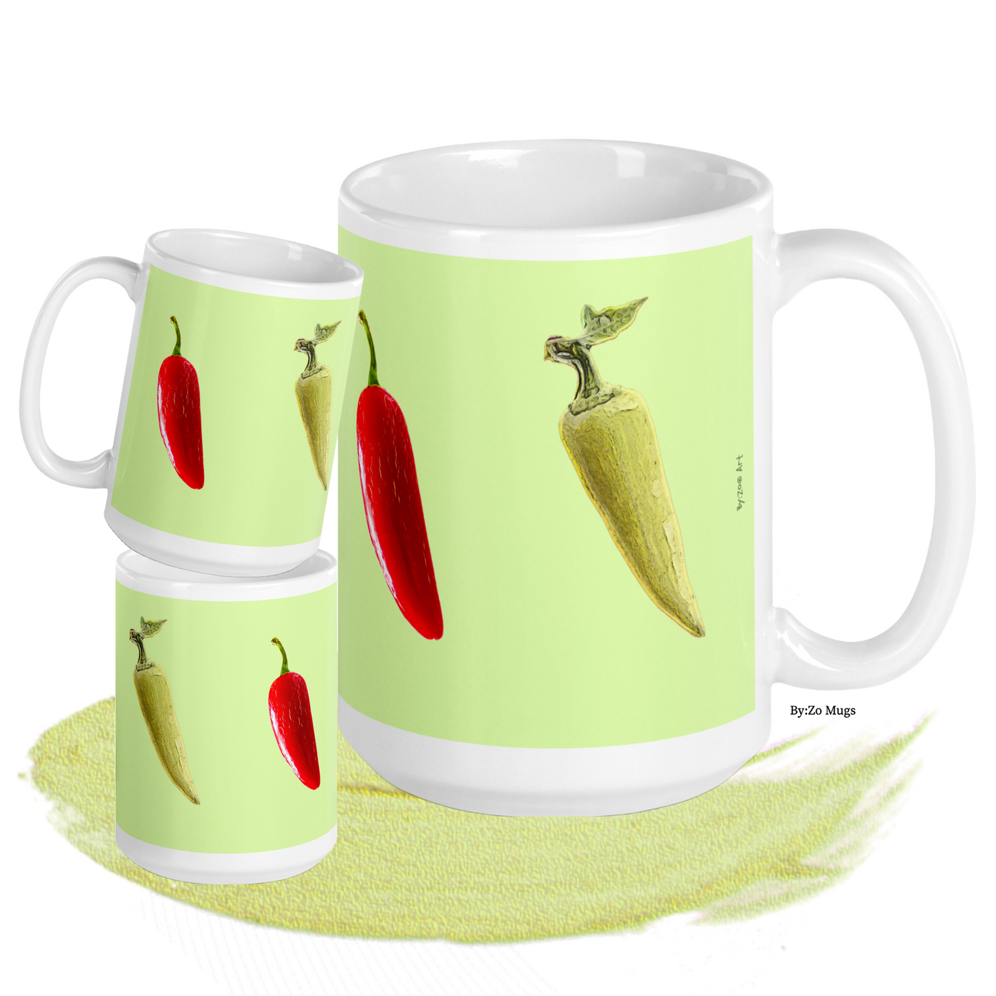 "Peppers" Green Background White Glossy Ceramic Mug - By:Zo