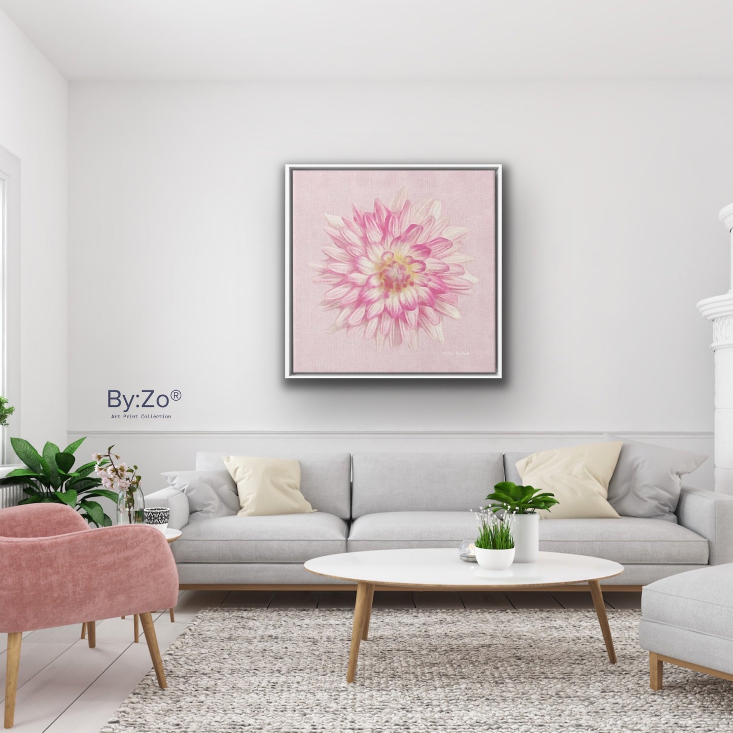 Pink Dahlia on Millennial Pink Giclee Print Wall Art on Floating Framed Canvas Fine Art Photography By:Zo® - By:Zo