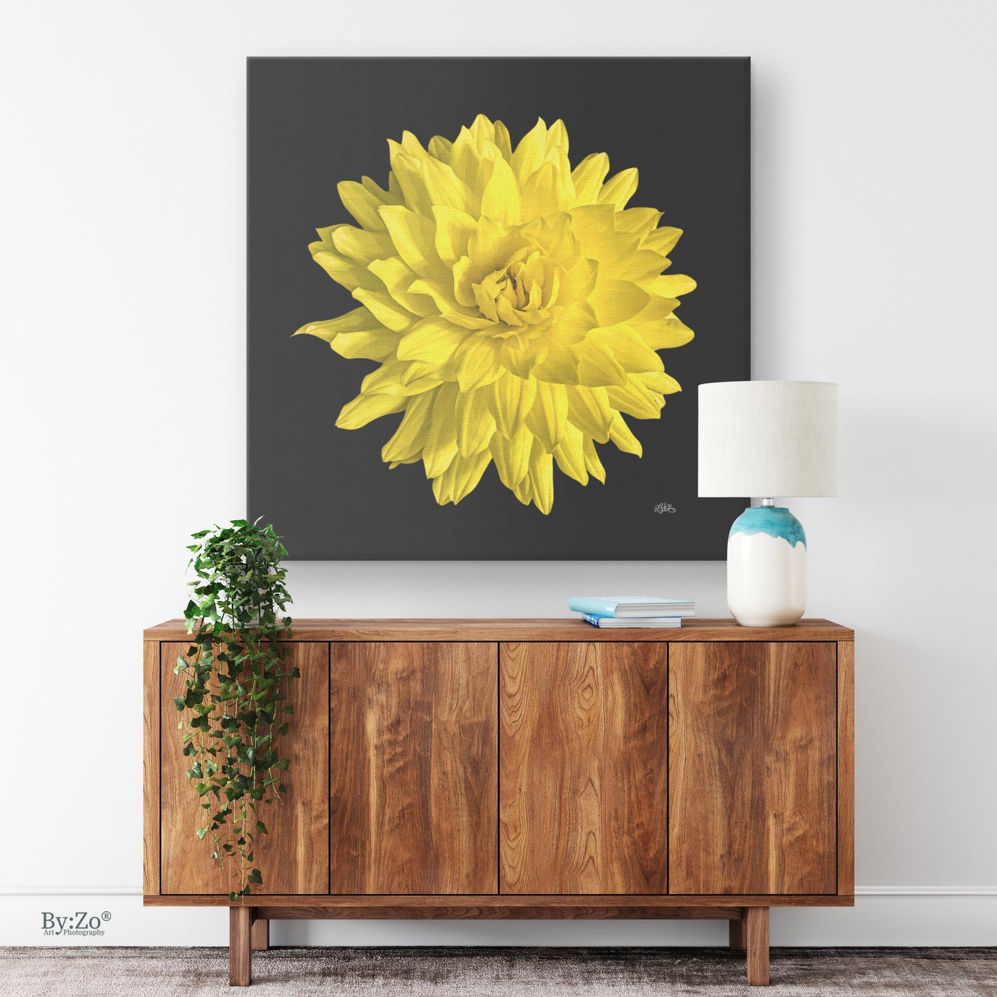 Original l Art Photography of Dahlia Flower on Wrapped Canvas hang on wall home mock up for visual presentation- By:Zo Art by Maria Desnoyers