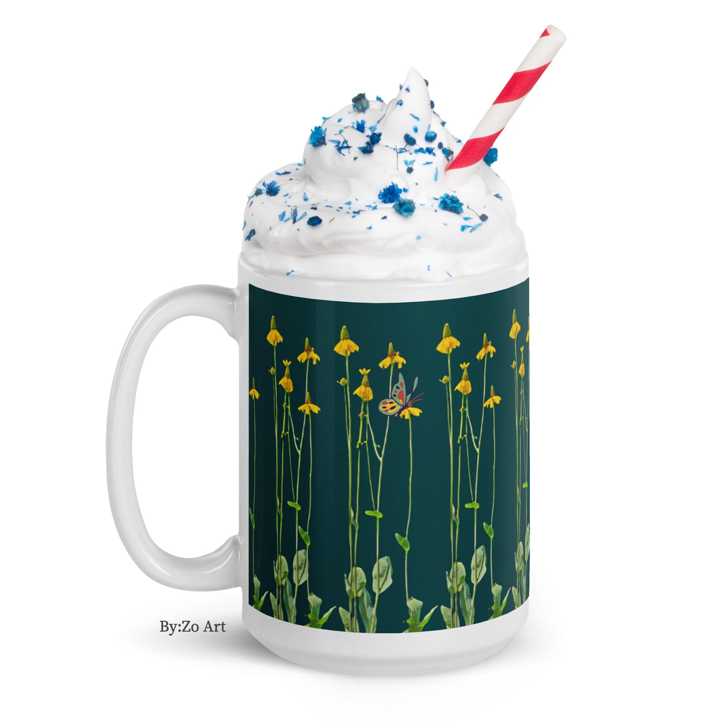 "Daisies and Butterflies" on Green Background Ceramic Mug - By:Zo