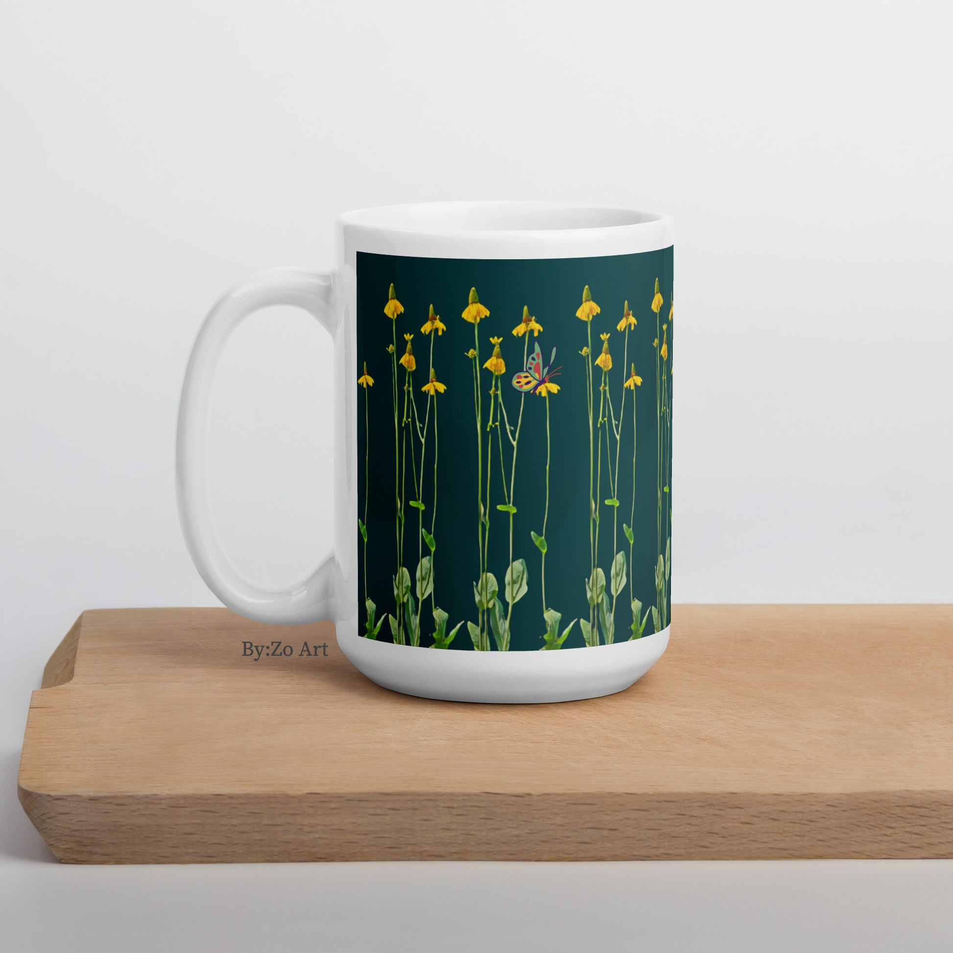 "Daisies and Butterflies" on Green Background Ceramic Mug - By:Zo