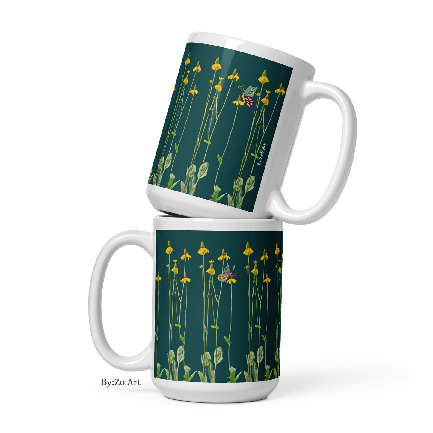 "Daisies and Butterflies" on Green Background Ceramic Mug - By:Zo